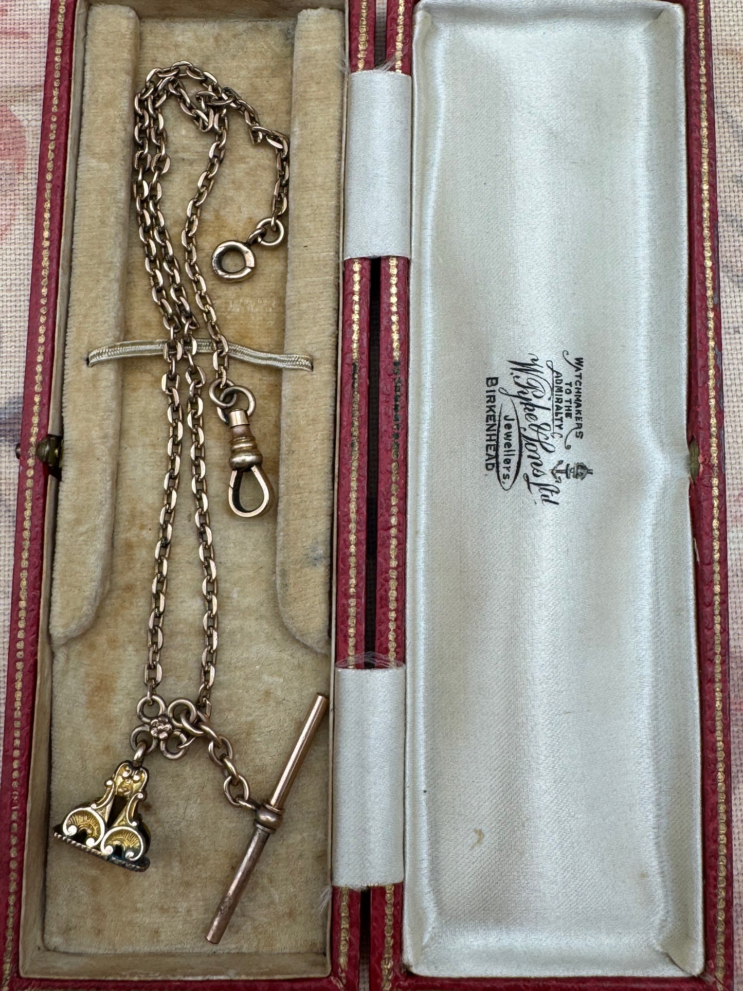 Antique Rose Gold Filled Watch Chain 15” T-Bar with Ornate Fob Victorian