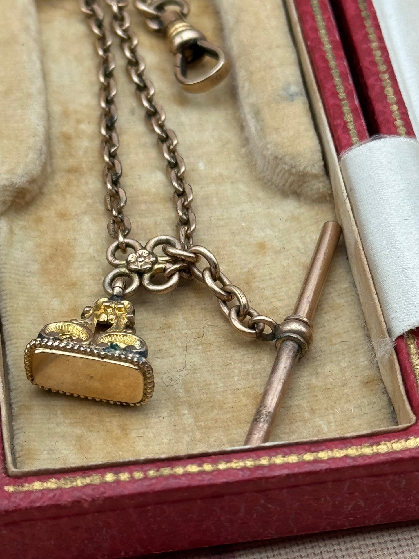 Antique Rose Gold Filled Watch Chain 15” T-Bar with Ornate Fob Victorian