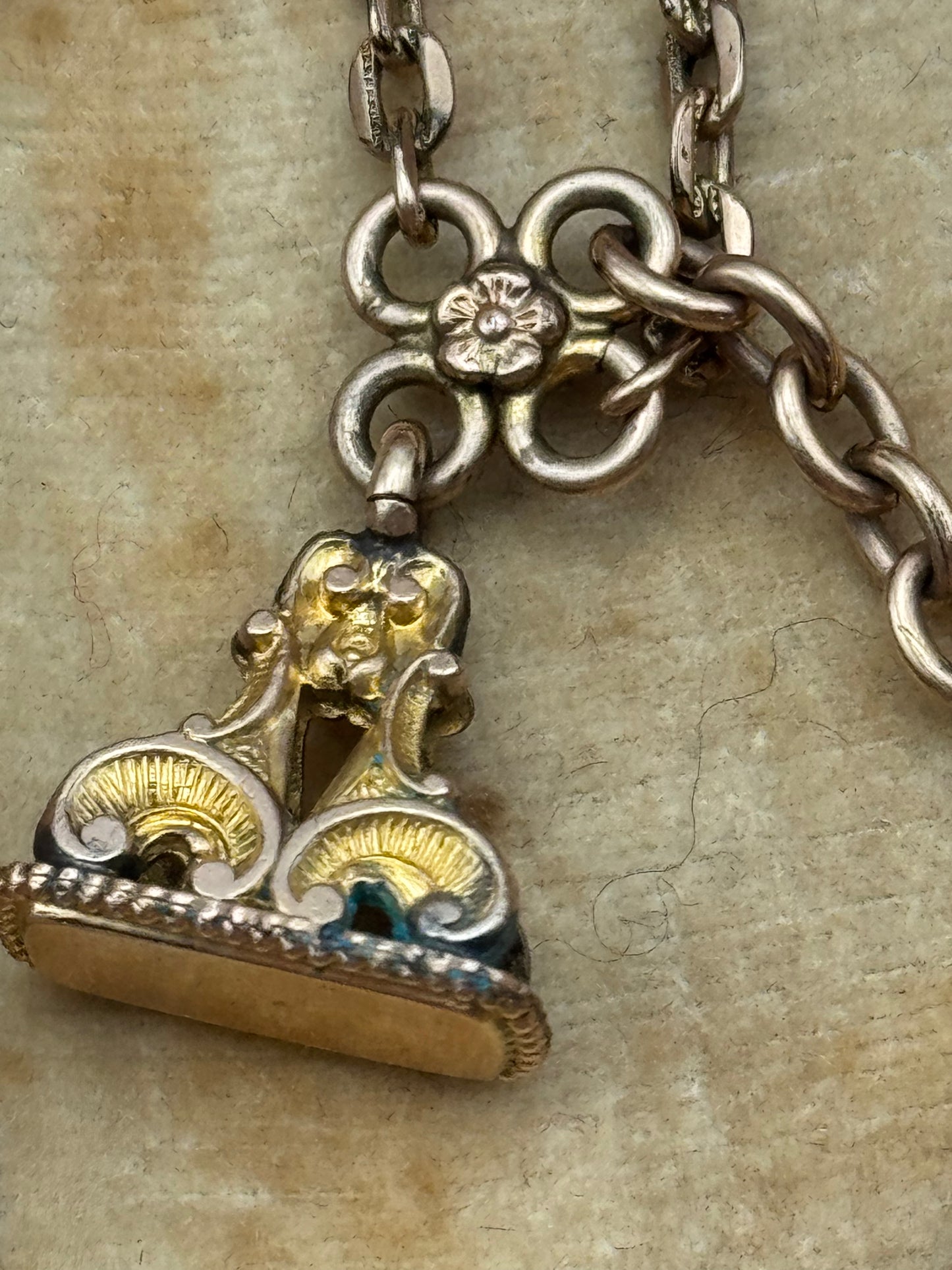 Antique Rose Gold Filled Watch Chain 15” T-Bar with Ornate Fob Victorian