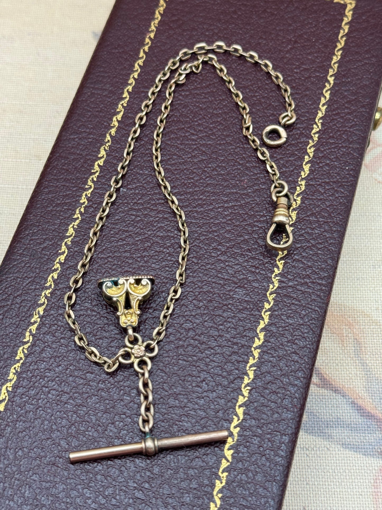 Antique Rose Gold Filled Watch Chain 15” T-Bar with Ornate Fob Victorian
