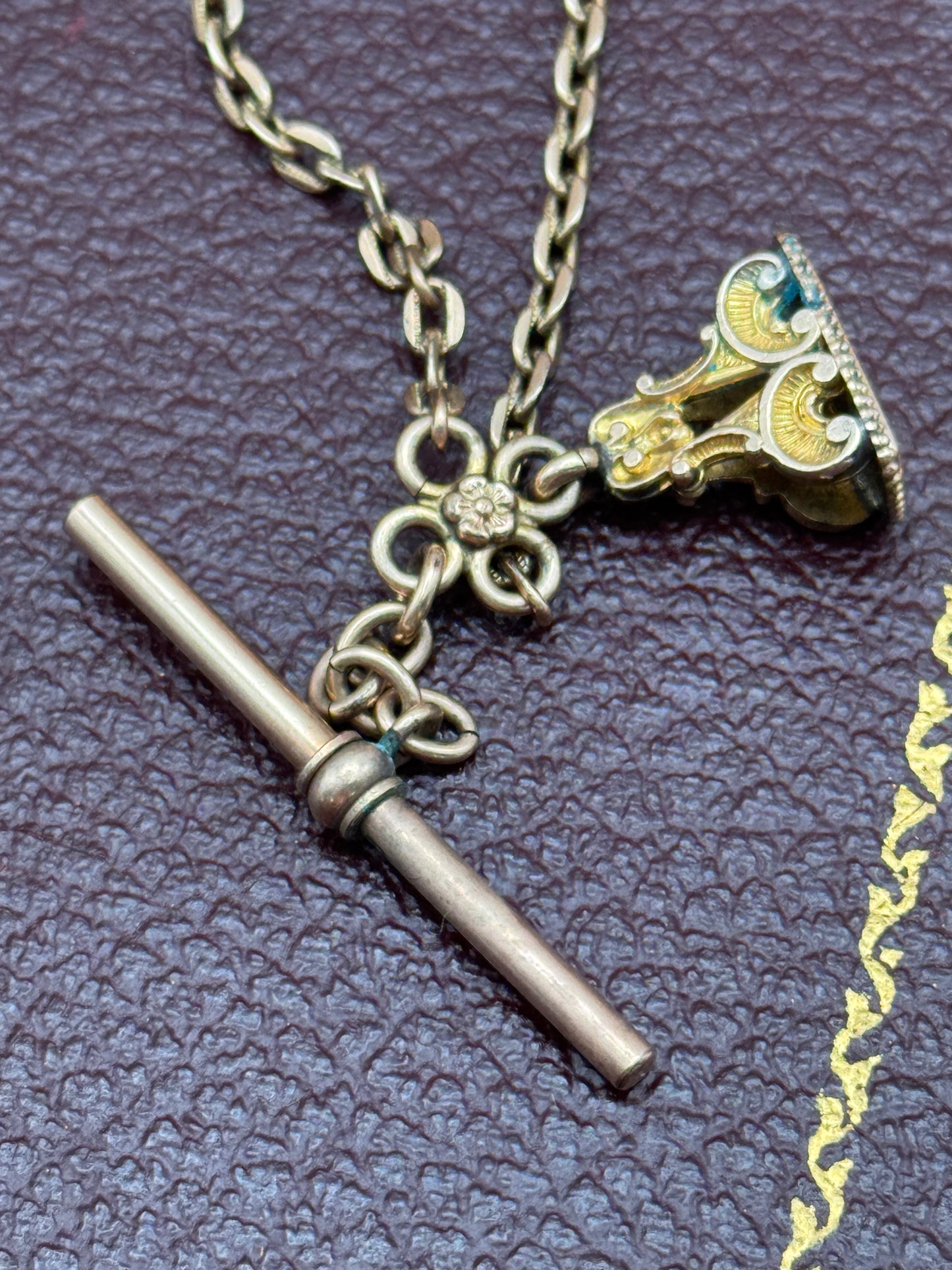 Antique Rose Gold Filled Watch Chain 15” T-Bar with Ornate Fob Victorian