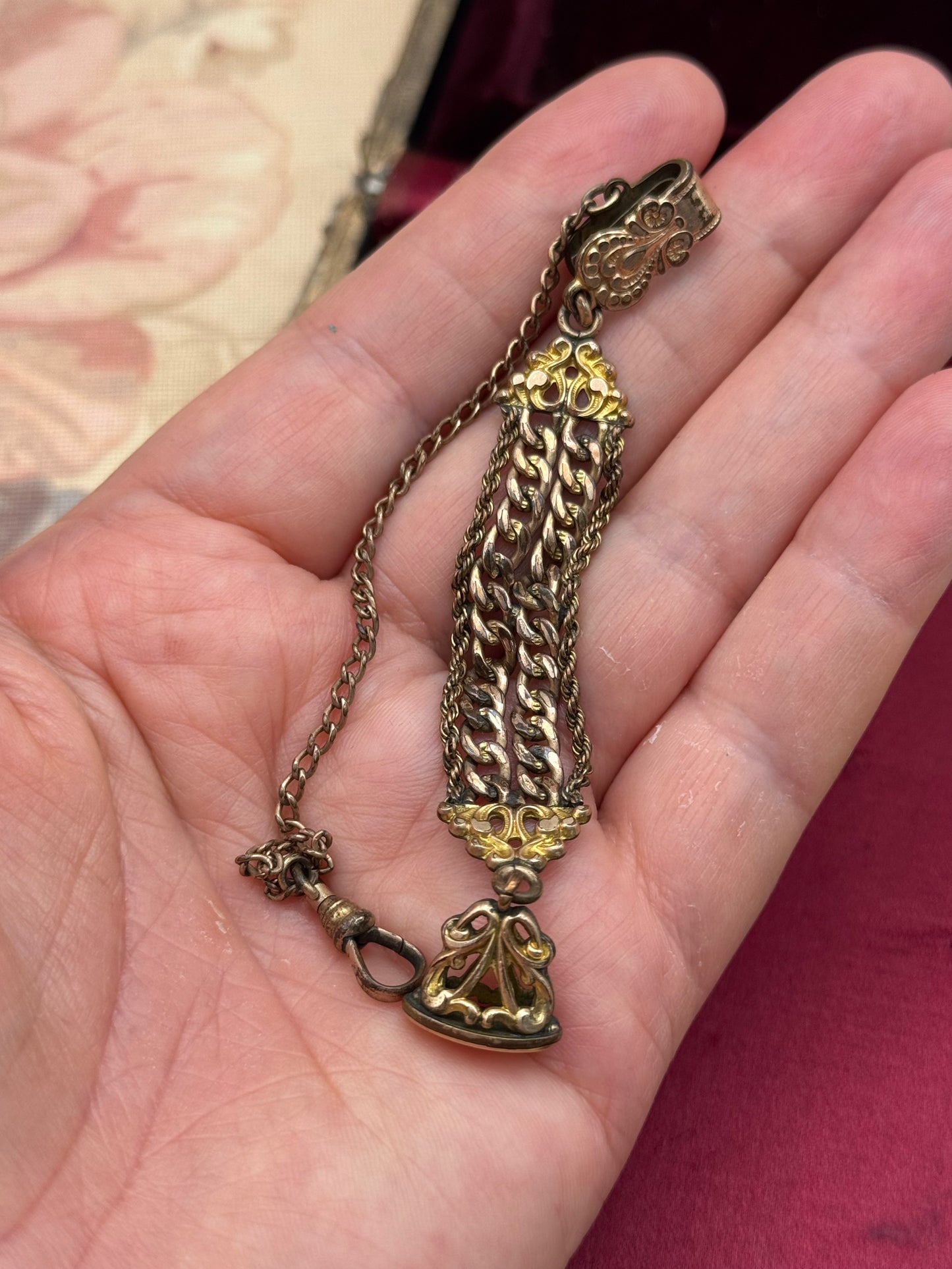 Antique Rose Gold Filled Slide Watch Chain Drop 4” with Ornate Fob Victorian