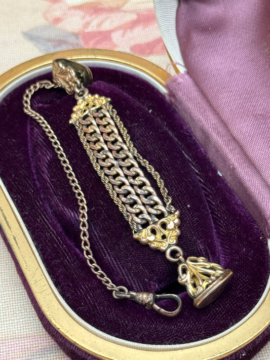 Antique Rose Gold Filled Slide Watch Chain Drop 4” with Ornate Fob Victorian