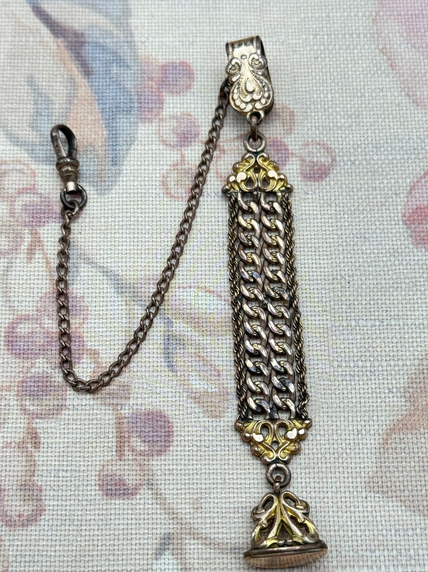 Antique Rose Gold Filled Slide Watch Chain Drop 4” with Ornate Fob Victorian