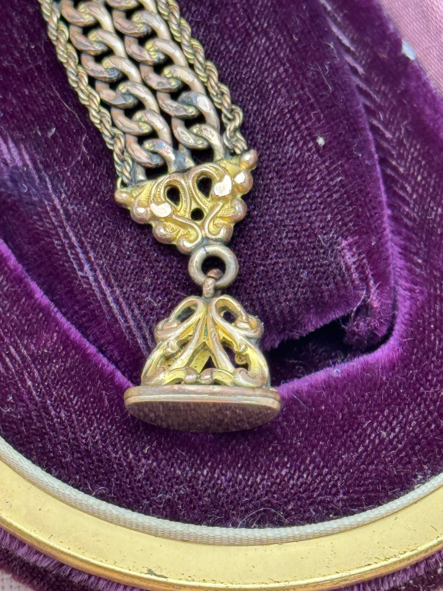 Antique Rose Gold Filled Slide Watch Chain Drop 4” with Ornate Fob Victorian