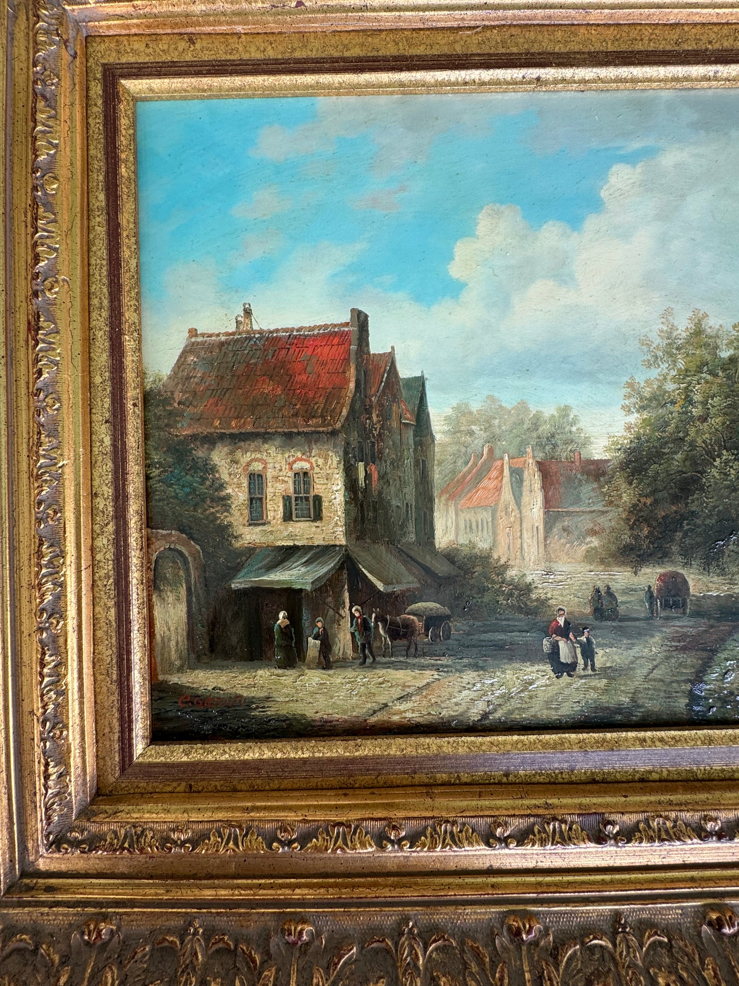 Vintage “Old European Style” Signed Oil on Wood Painting Framed Frame 24” x20”