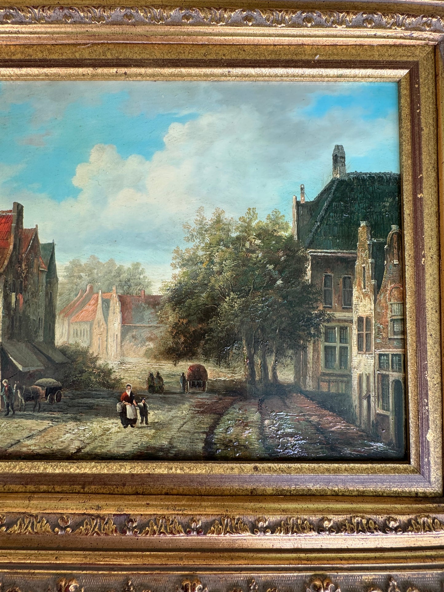 Vintage “Old European Style” Signed Oil on Wood Painting Framed Frame 24” x20”