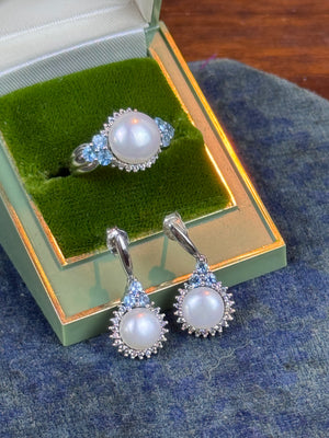 Vintage Sterling Silver Pearl Blue Stone Ring 6.75 & Earrings Set 925