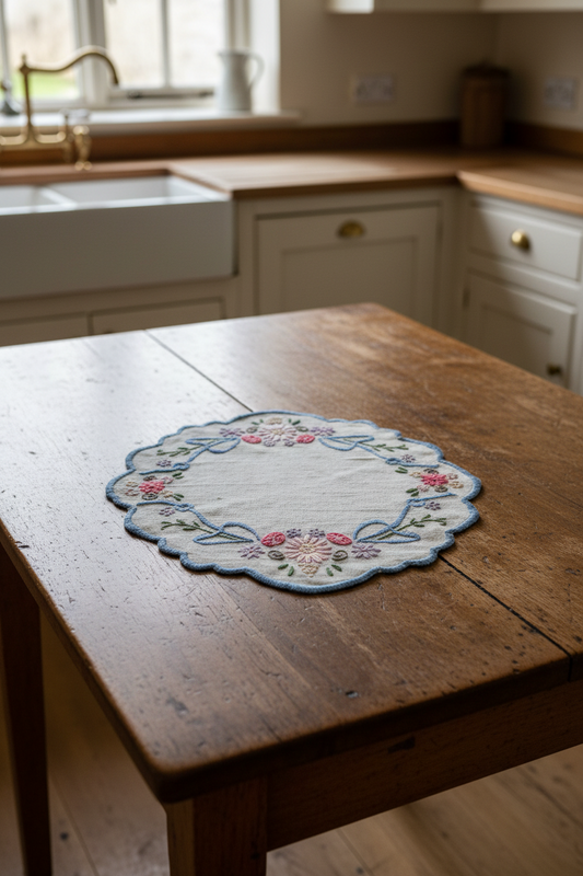 Vintage Hand Embroidered Doily Floral Blue Ribbon Bows Scalloped Edge 10.25”