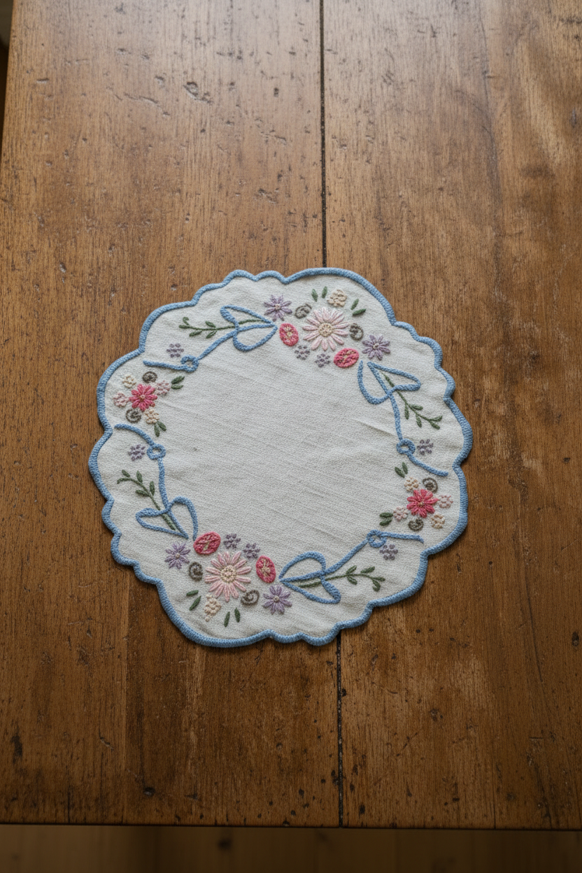 Vintage Hand Embroidered Doily Floral Blue Ribbon Bows Scalloped Edge 10.25”