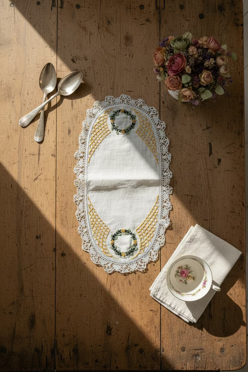 Vintage Linen Lace Dresser Runner Hand Embroidered Wreath Motif 13.25”