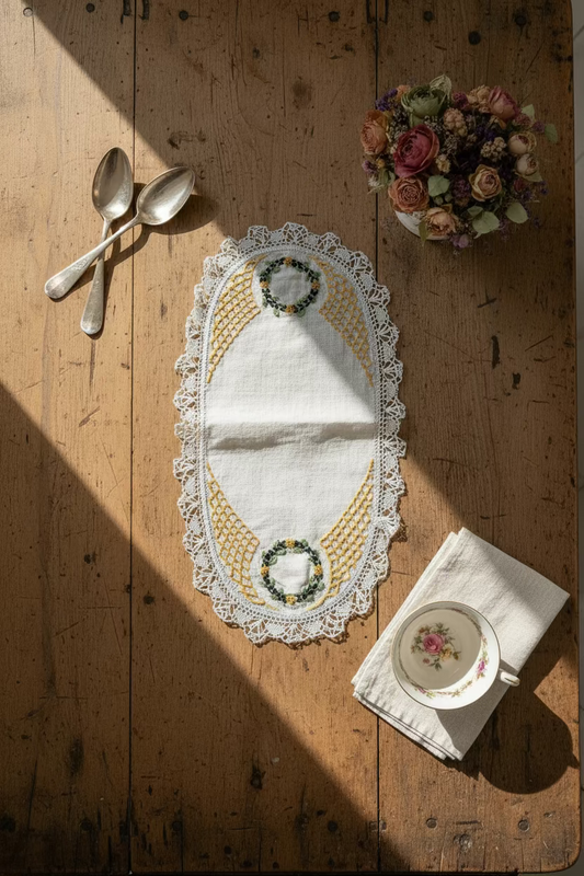 Vintage Linen Lace Dresser Runner Hand Embroidered Wreath Motif 13.25”