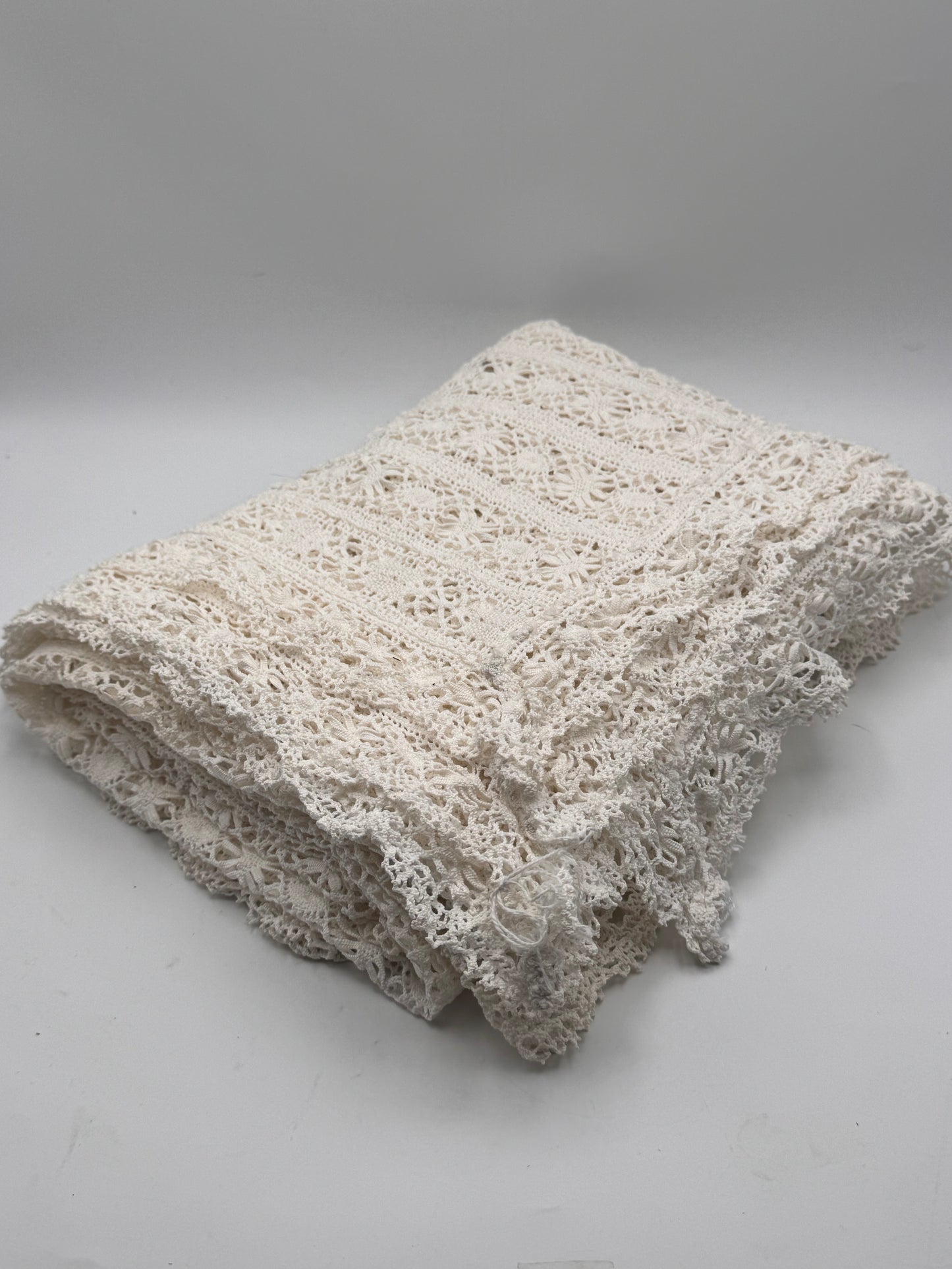 Vintage Crochet Tablecloth Handcrafted Linen 79” x 50” Heirloom Textile