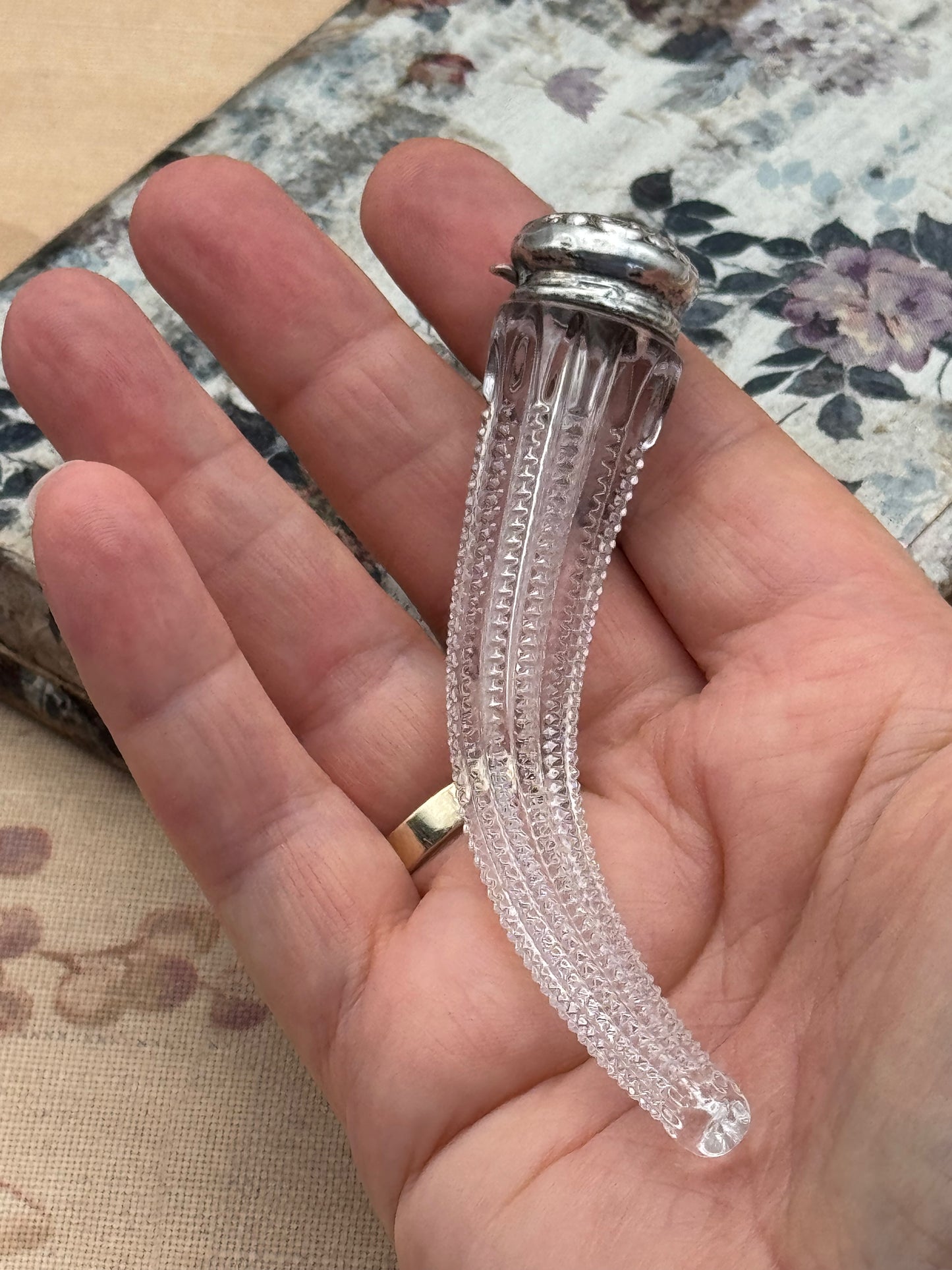 Antique Victorian Sterling Silver & Glass Chatelaine Perfume Bottle Length: 4” | Diameter of lid: 0.75”