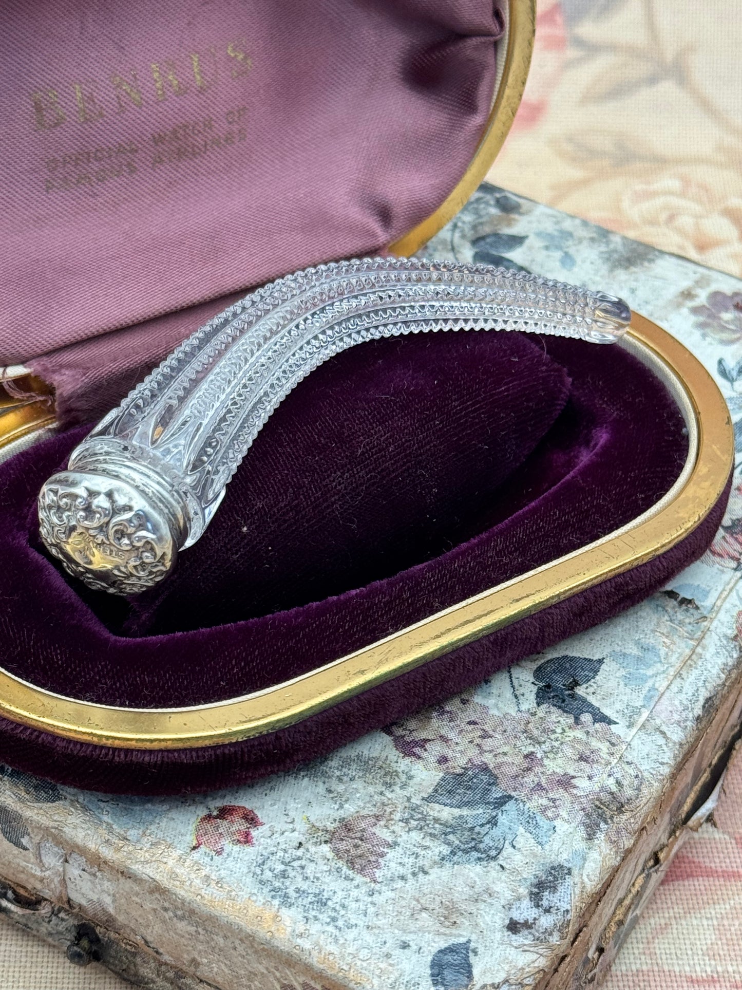 Antique Victorian Sterling Silver & Glass Chatelaine Perfume Bottle Length: 4” | Diameter of lid: 0.75”