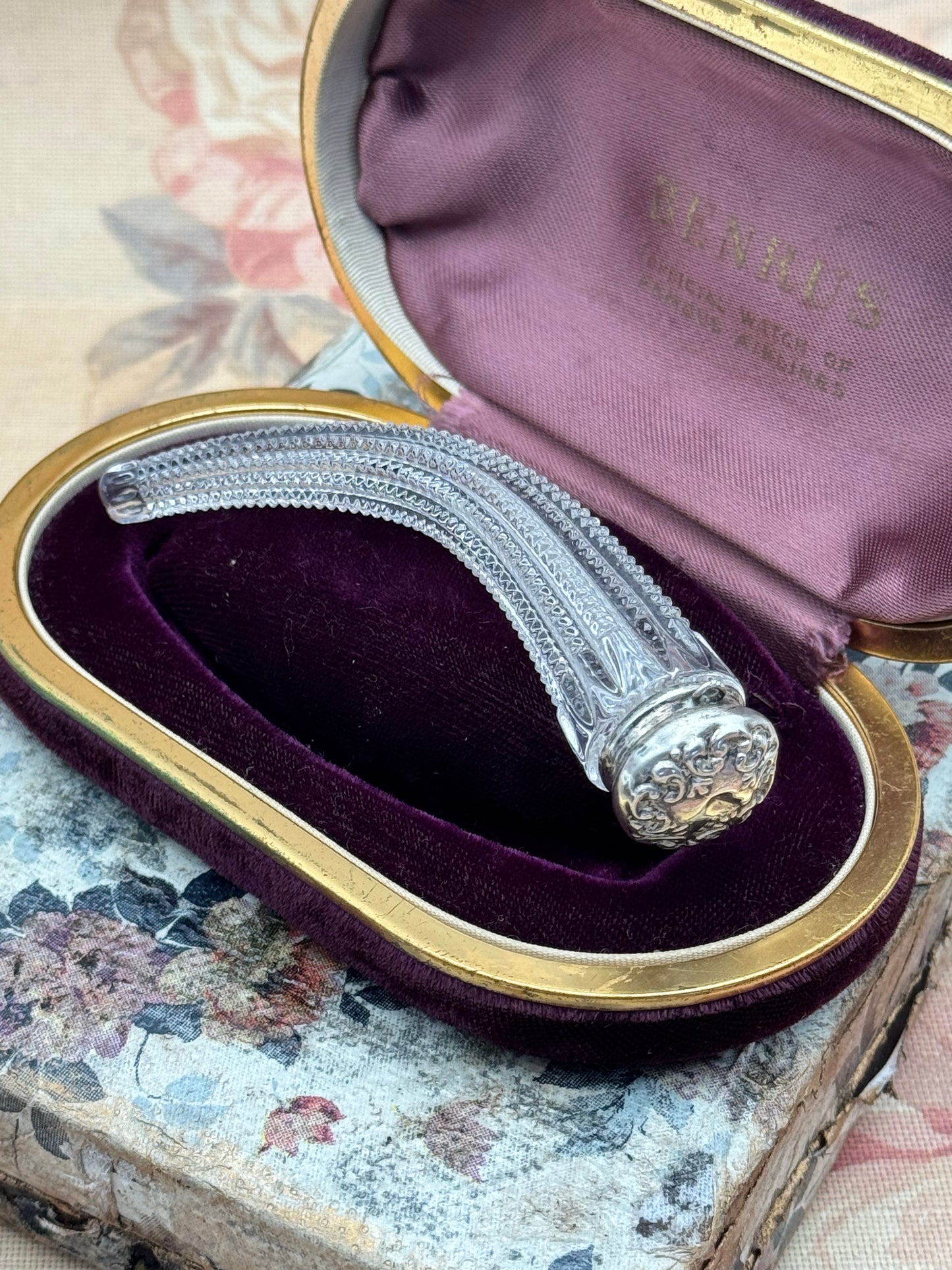 Antique Victorian Sterling Silver & Glass Chatelaine Perfume Bottle Length: 4” | Diameter of lid: 0.75”