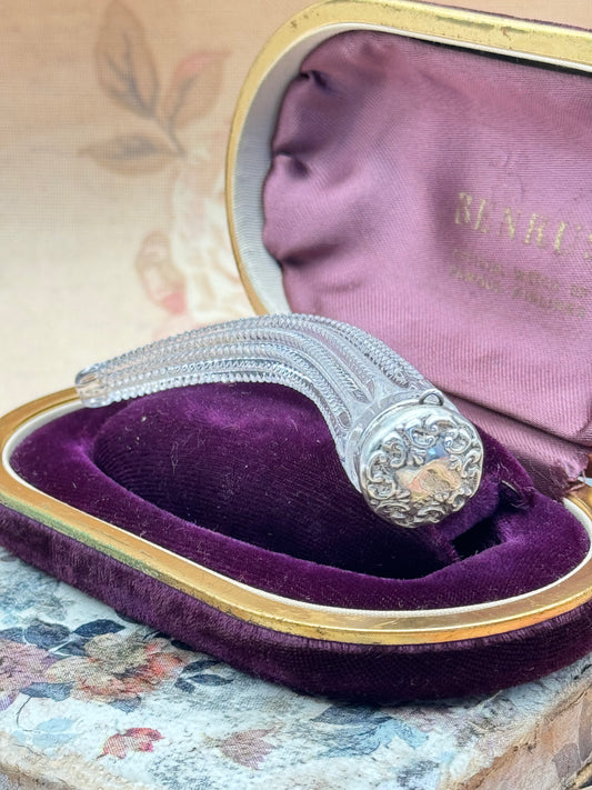 Antique Victorian Sterling Silver & Glass Chatelaine Perfume Bottle Length: 4” | Diameter of lid: 0.75”