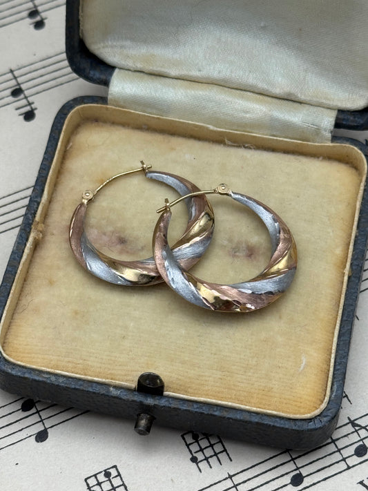 Graduated Twisted Swirl Round Hoop Earrings 14K Tri-Color Gold ESTATE FIND