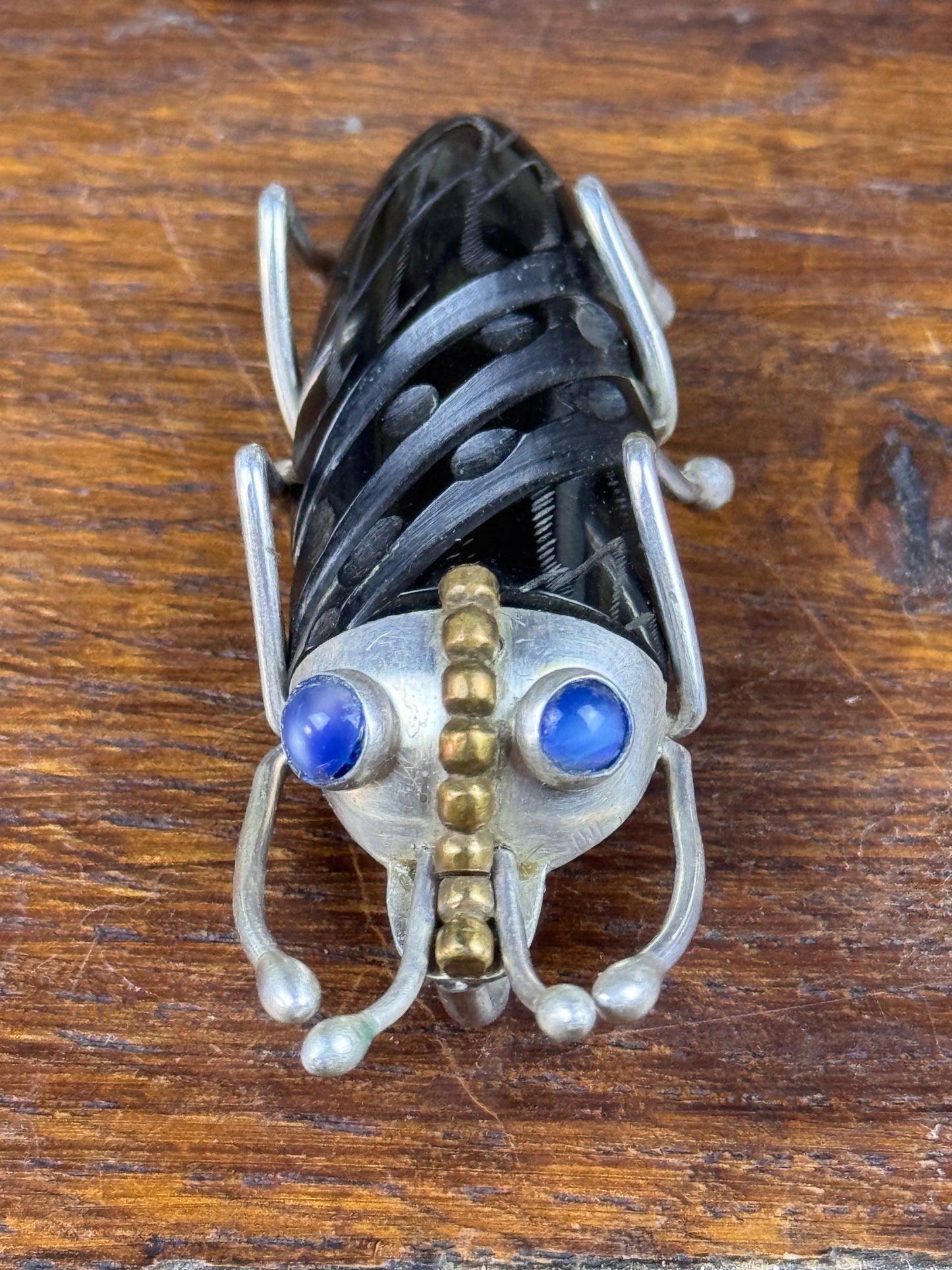 Vintage Vincent Simone Brooch Pendant Sterling Silver Bakelite Cicada Bug Figural 2.5”
