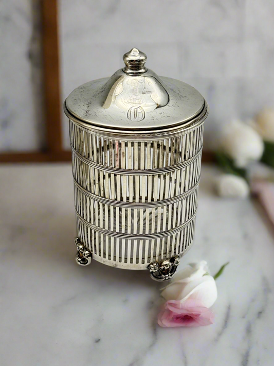 Lidded Jam Pot Sterling SILVER Glass Insert 5.5”h 101.3g 1920s Monogram D