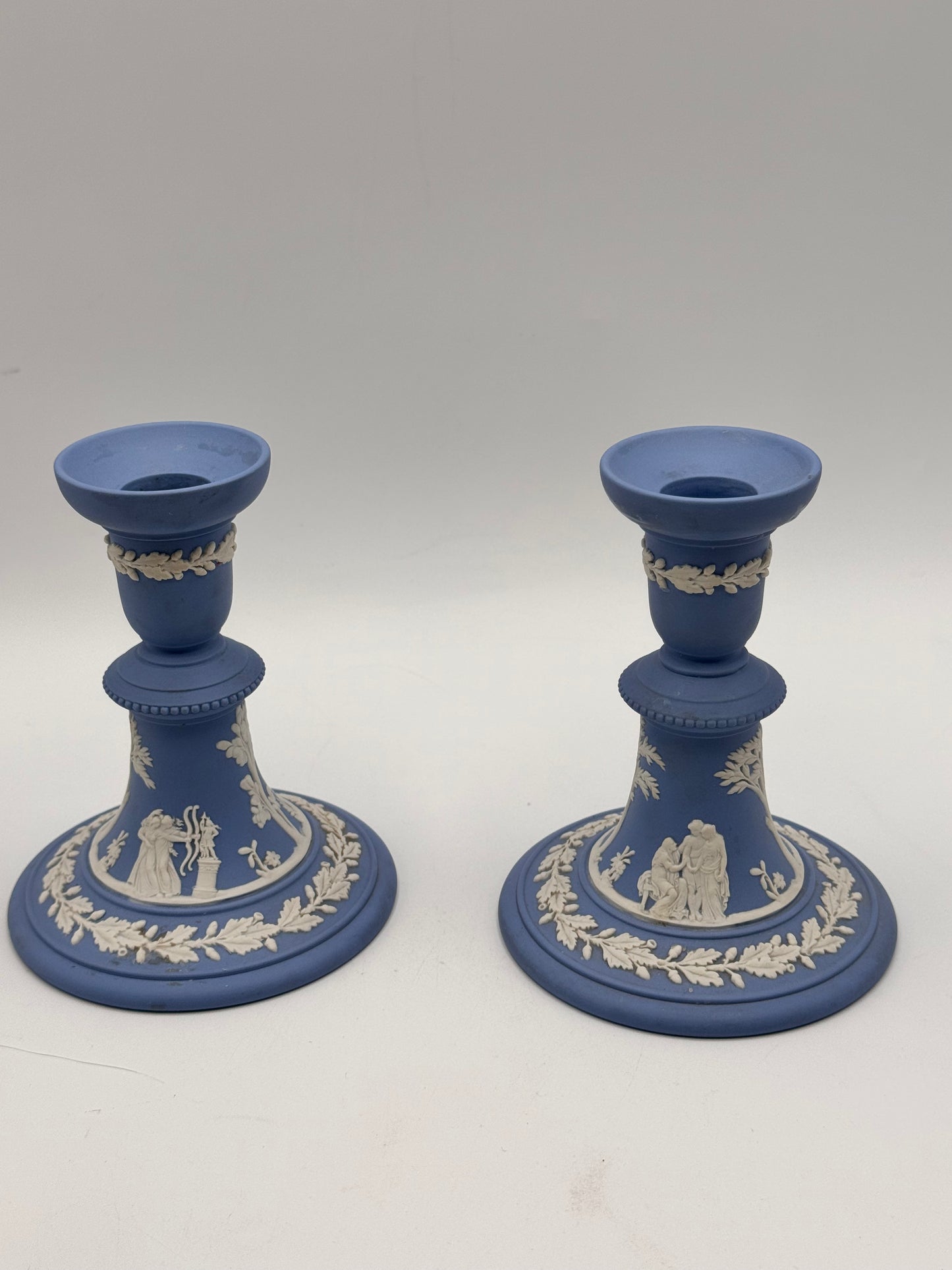 1955 Wedgwood Blue Jasperware Candlestick Pair – Classical Figures