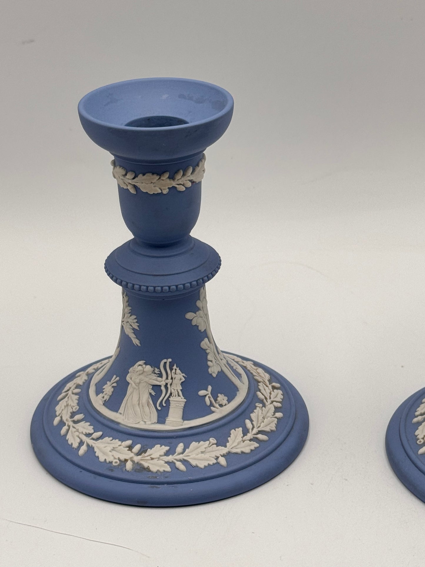 1955 Wedgwood Blue Jasperware Candlestick Pair – Classical Figures