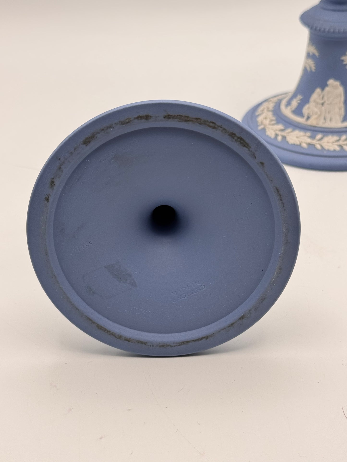 1955 Wedgwood Blue Jasperware Candlestick Pair – Classical Figures