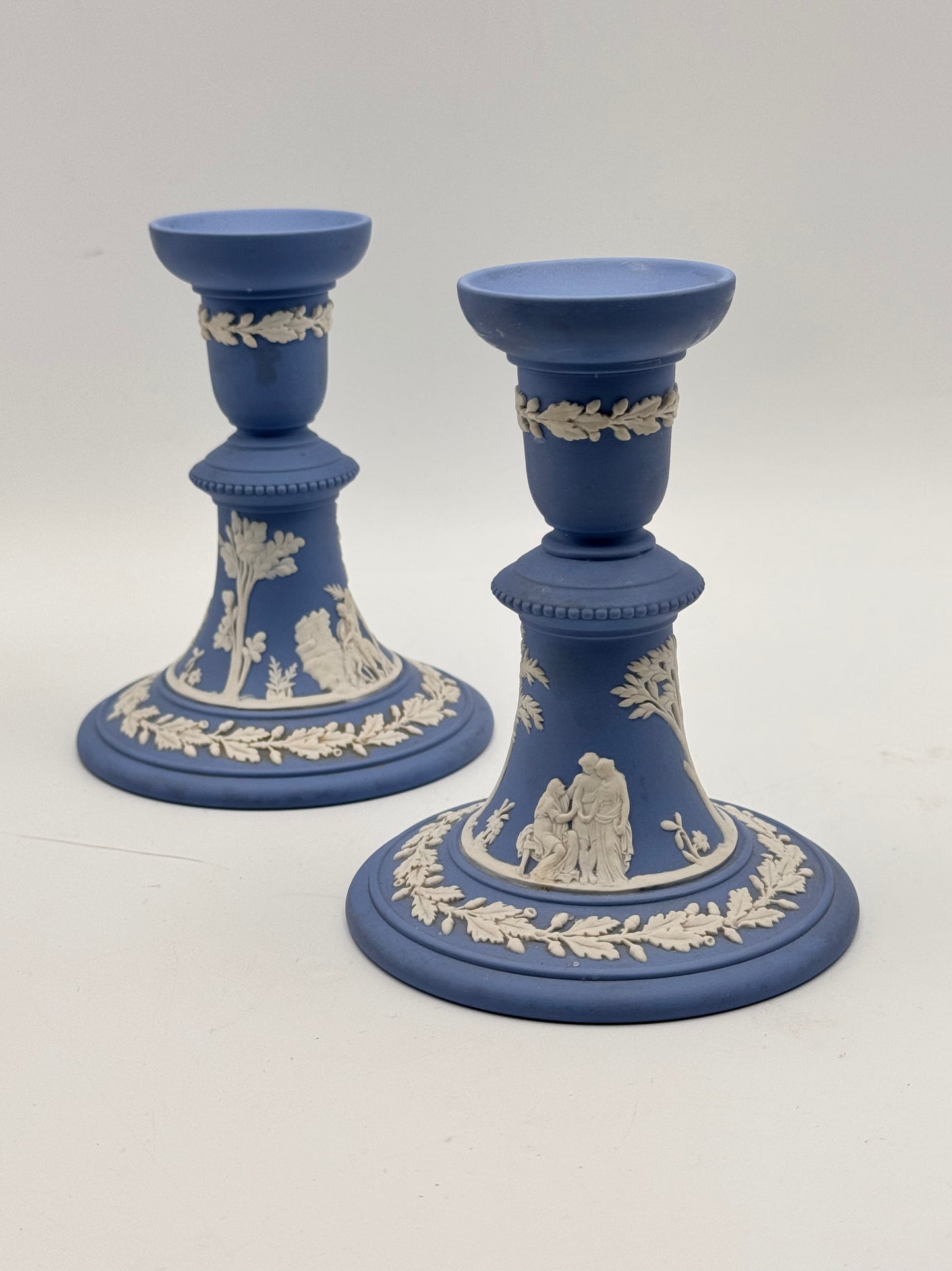 1955 Wedgwood Blue Jasperware Candlestick Pair – Classical Figures