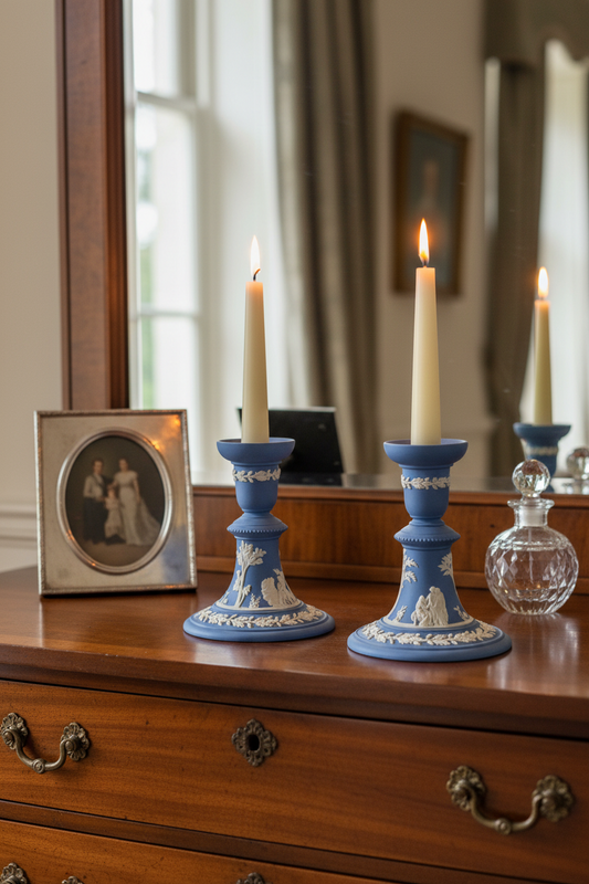 1955 Wedgwood Blue Jasperware Candlestick Pair – Classical Figures