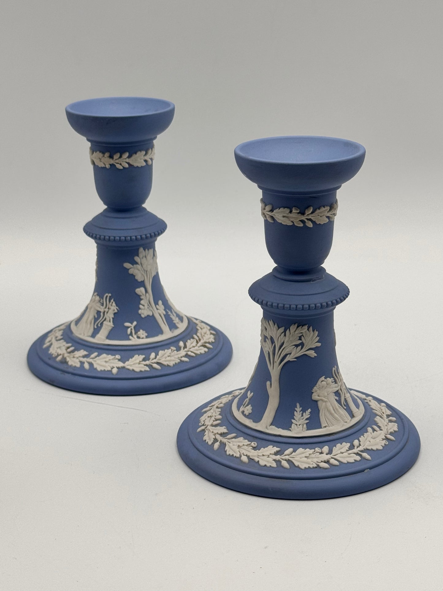 1955 Wedgwood Blue Jasperware Candlestick Pair – Classical Figures