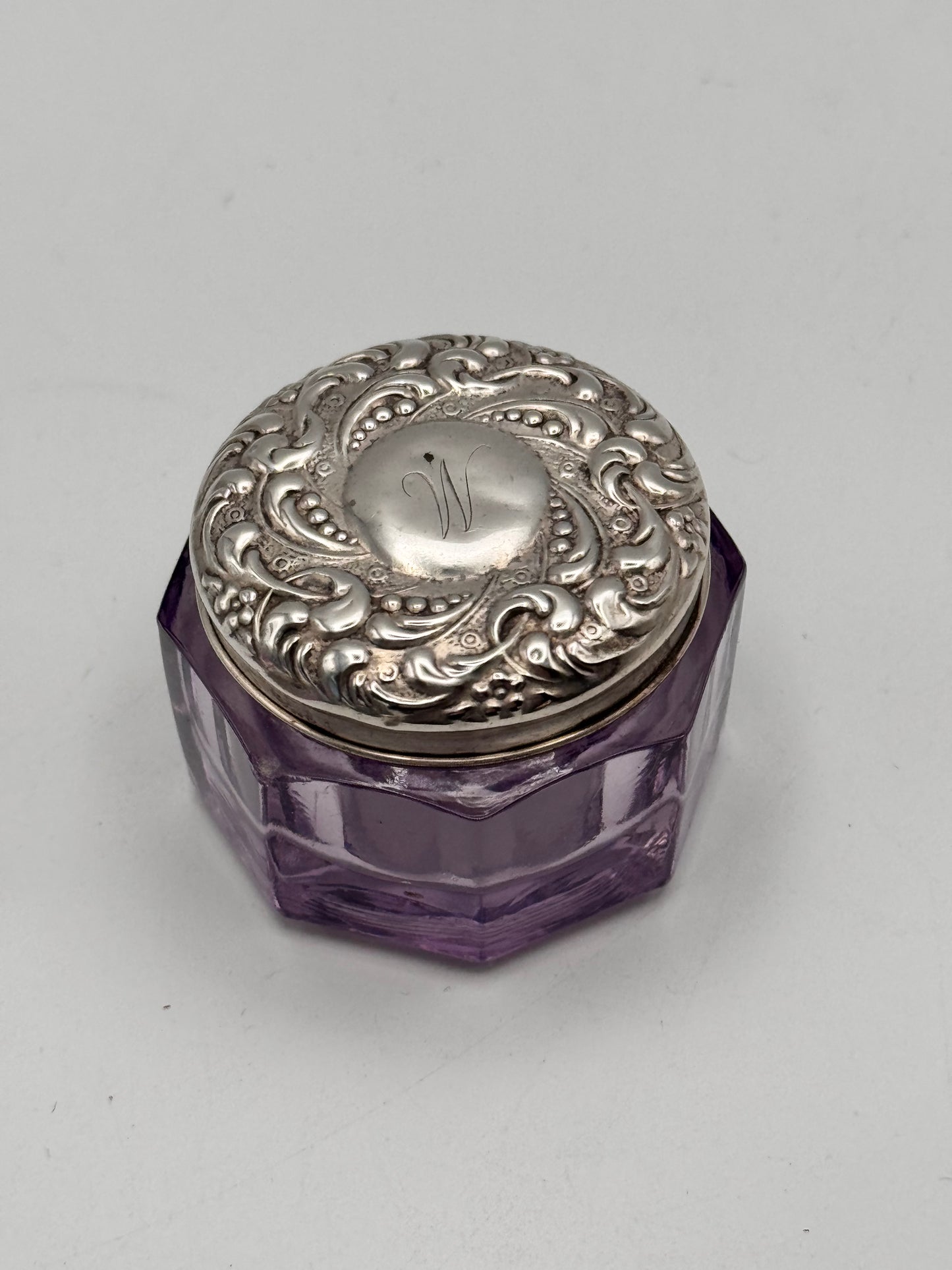Antique Amethyst Glass Vanity Jar with Sterling Lid, Monogram “M”