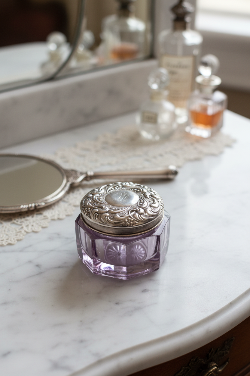 Antique Amethyst Glass Vanity Jar with Sterling Lid, Monogram “M”