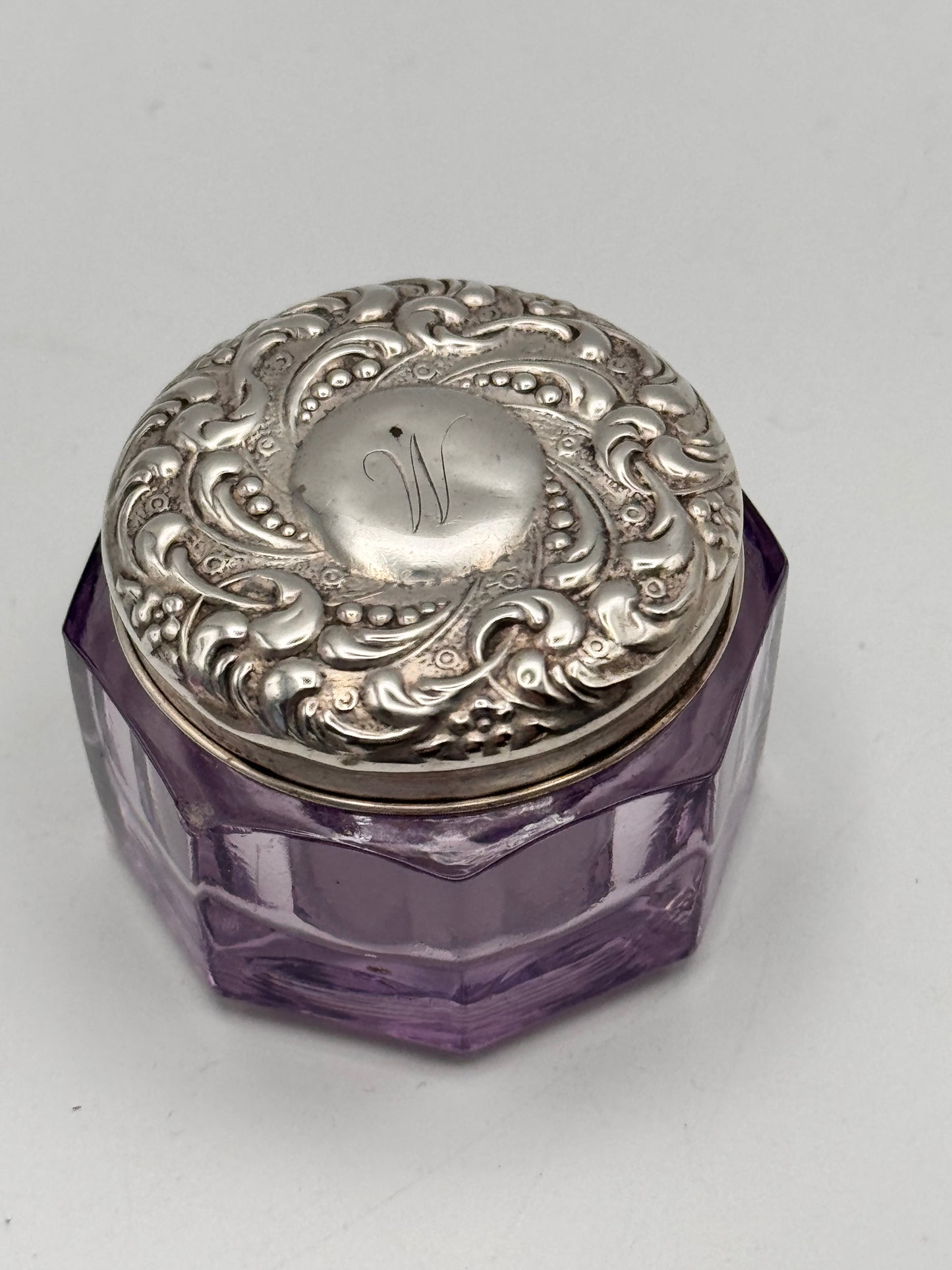 Antique Amethyst Glass Vanity Jar with Sterling Lid, Monogram “M”