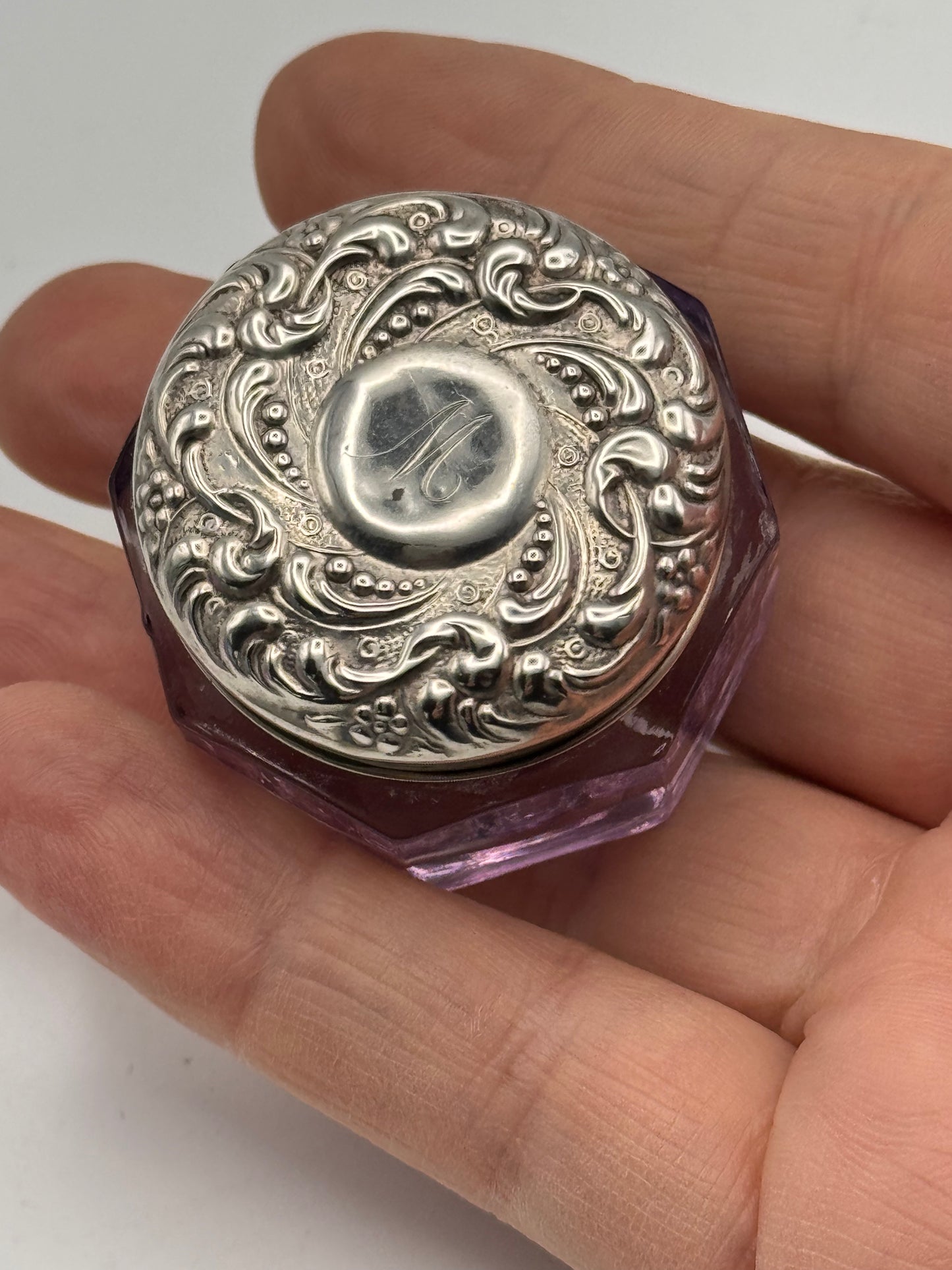 Antique Amethyst Glass Vanity Jar with Sterling Lid, Monogram “M”