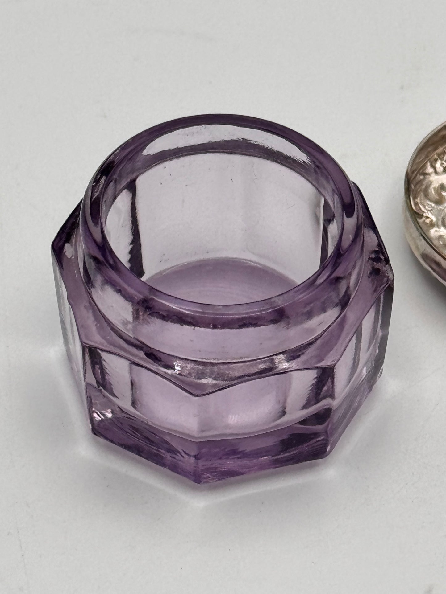 Antique Amethyst Glass Vanity Jar with Sterling Lid, Monogram “M”