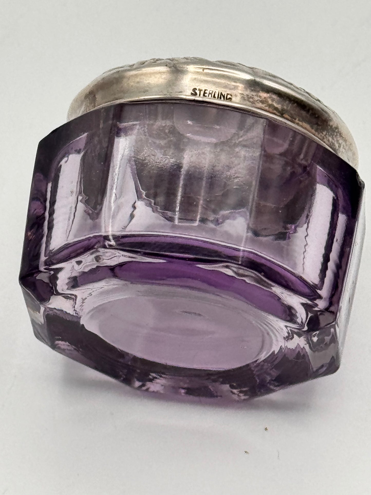 Antique Amethyst Glass Vanity Jar with Sterling Lid, Monogram “M”