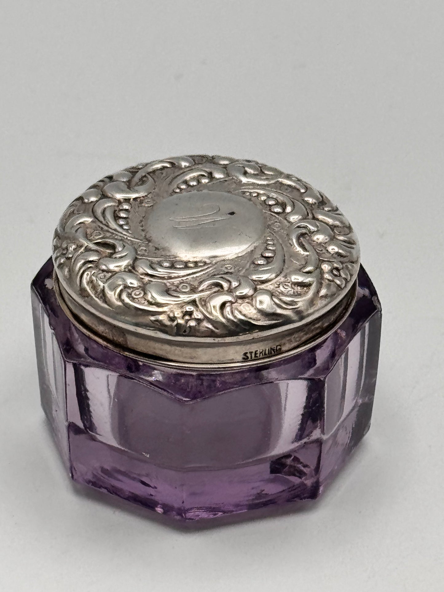 Antique Amethyst Glass Vanity Jar with Sterling Lid, Monogram “M”