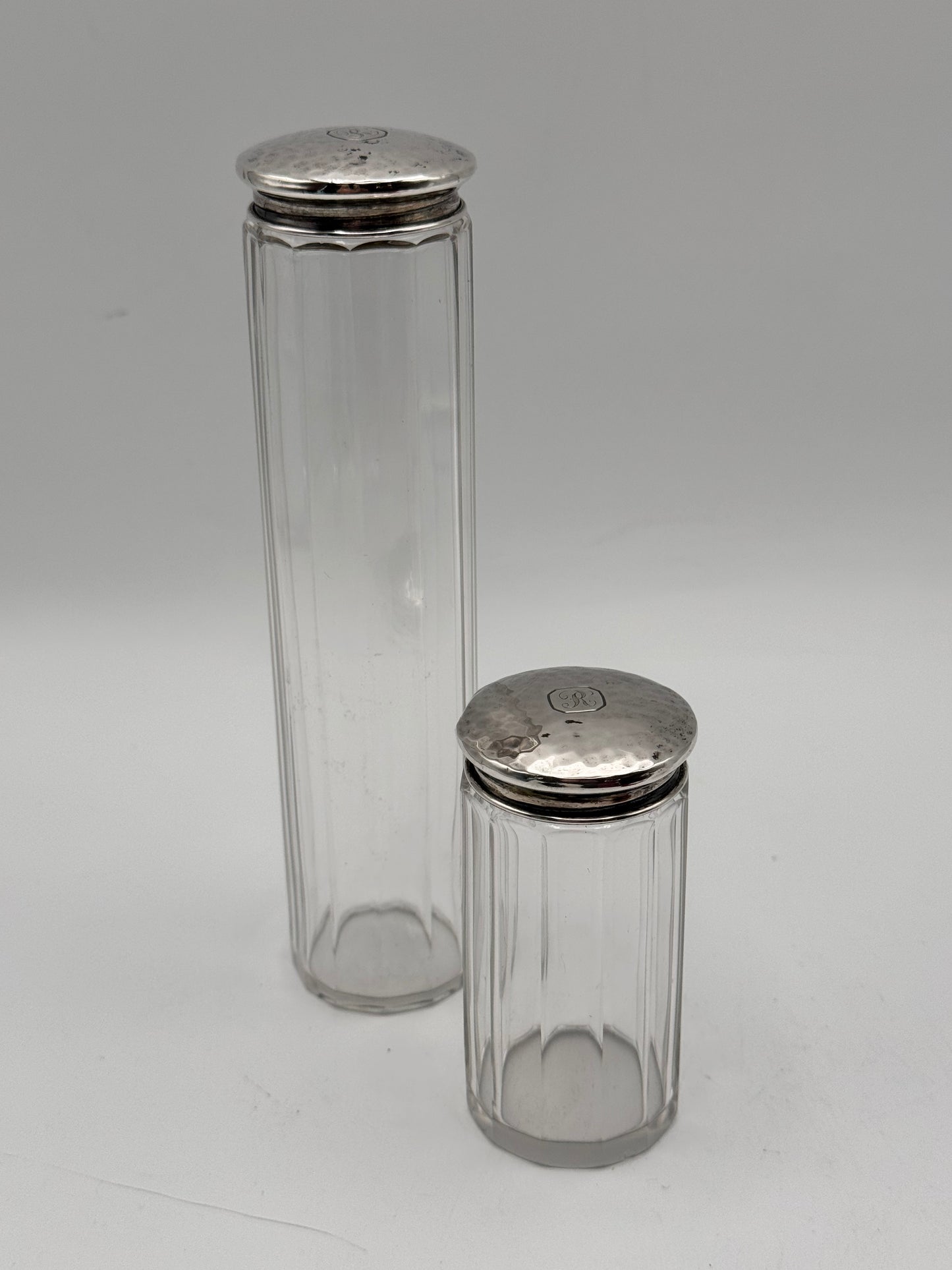 Arts & Crafts Style Tall Dresser Jars with Hammered Silver Plate Lids – Monogram R (Set of 2)