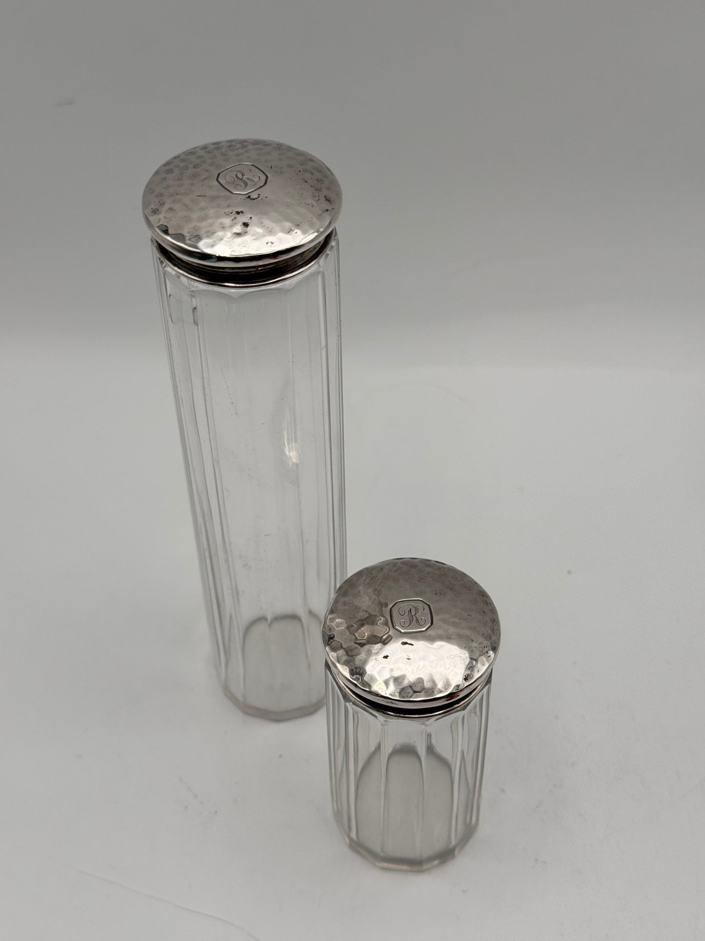 Arts & Crafts Style Tall Dresser Jars with Hammered Silver Plate Lids – Monogram R (Set of 2)