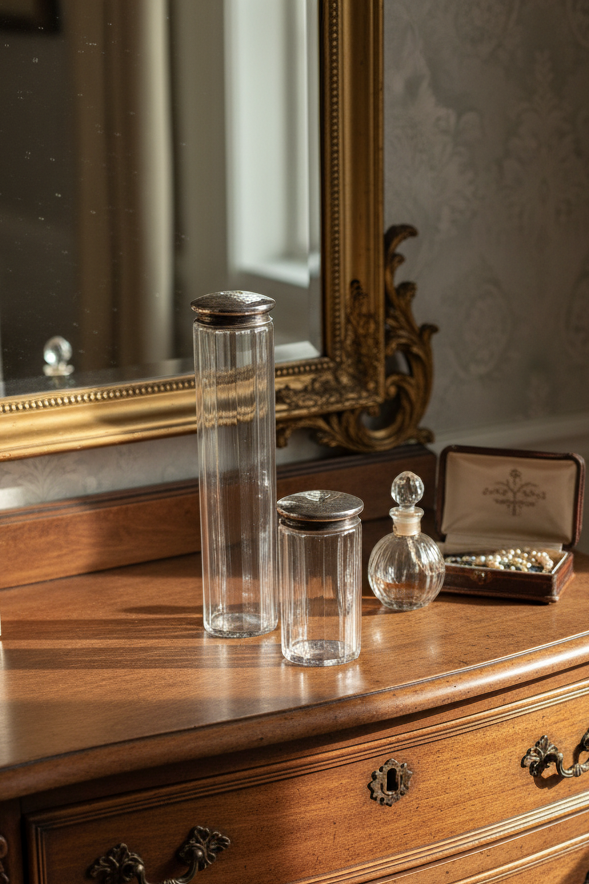Arts & Crafts Style Tall Dresser Jars with Hammered Silver Plate Lids – Monogram R (Set of 2)