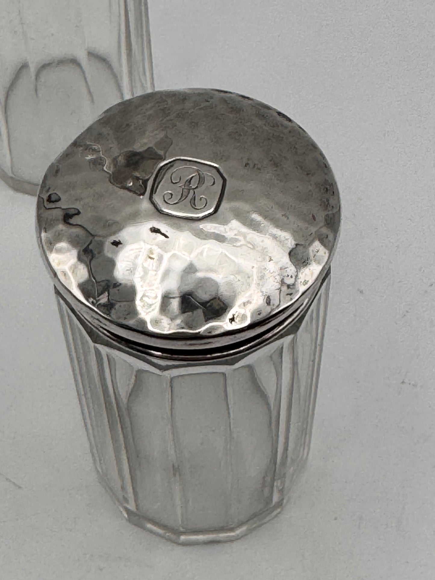 Arts & Crafts Style Tall Dresser Jars with Hammered Silver Plate Lids – Monogram R (Set of 2)
