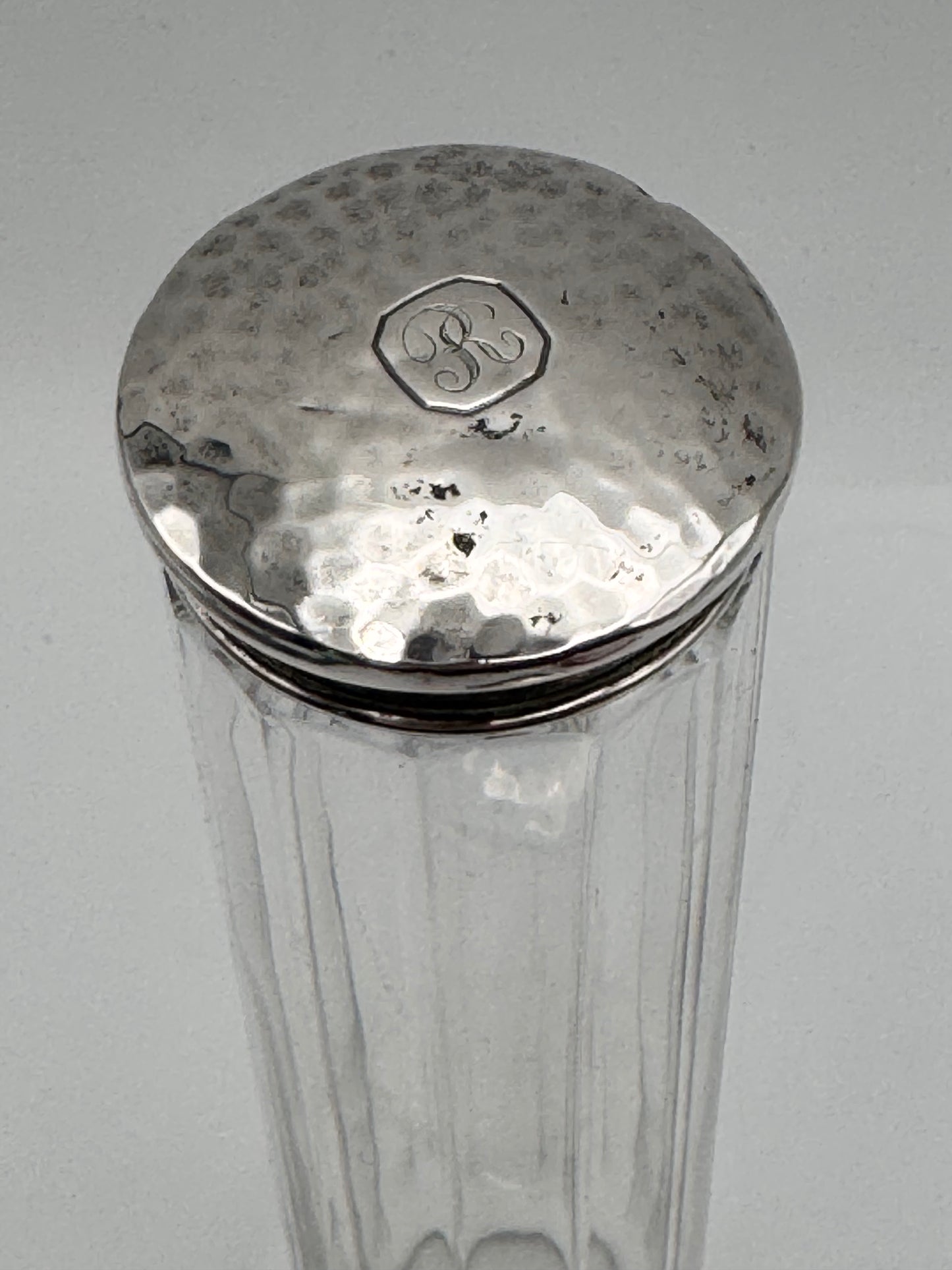 Arts & Crafts Style Tall Dresser Jars with Hammered Silver Plate Lids – Monogram R (Set of 2)