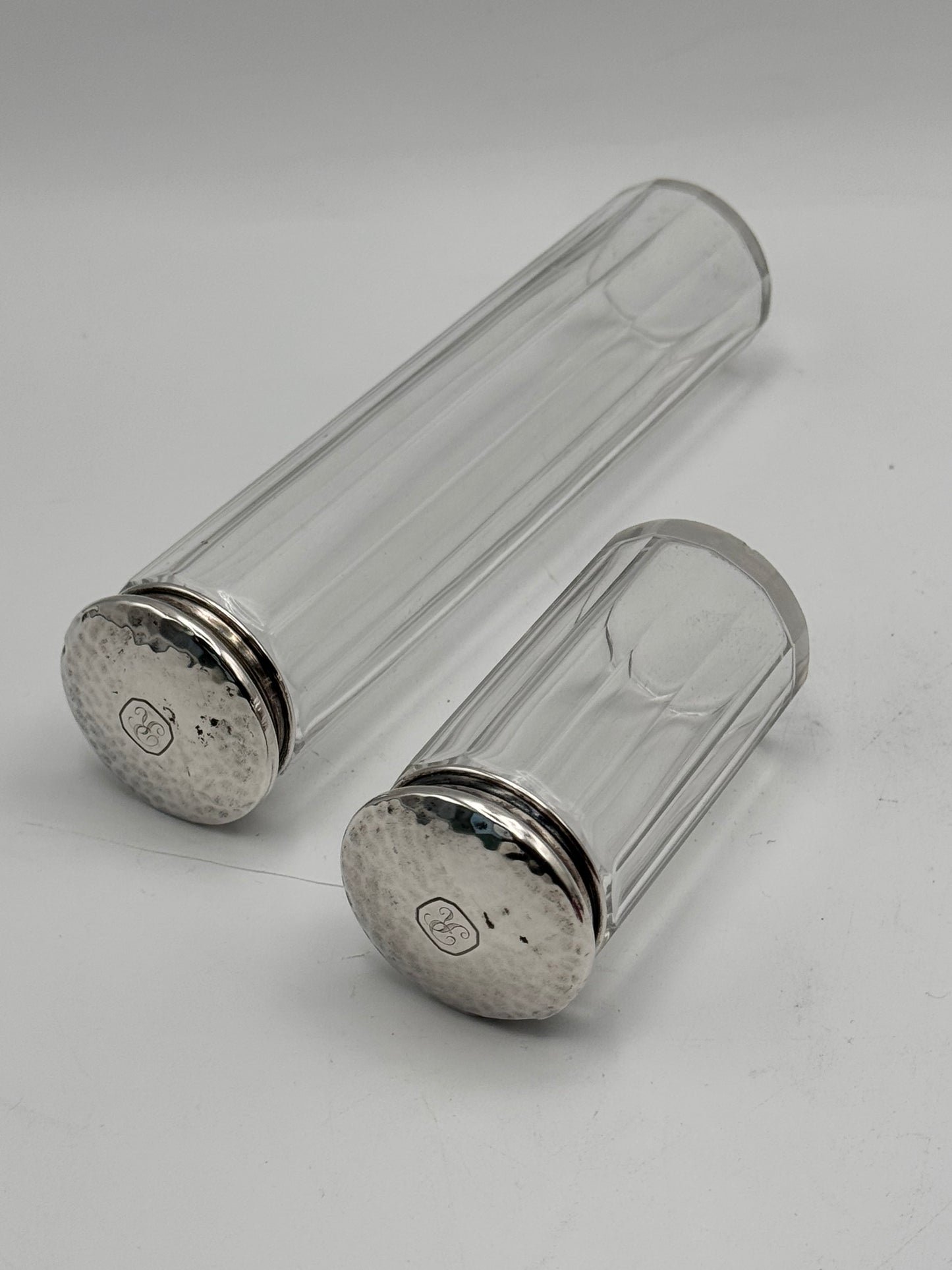 Arts & Crafts Style Tall Dresser Jars with Hammered Silver Plate Lids – Monogram R (Set of 2)