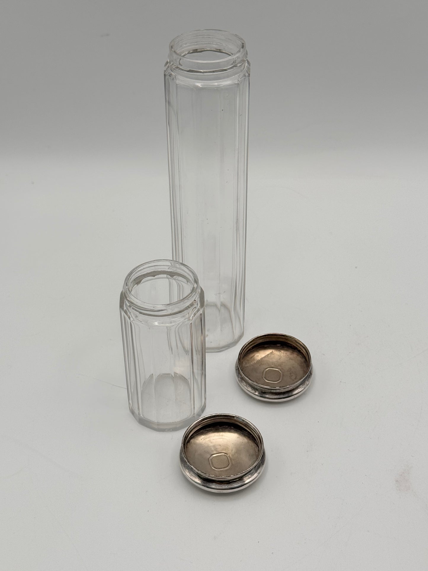 Arts & Crafts Style Tall Dresser Jars with Hammered Silver Plate Lids – Monogram R (Set of 2)