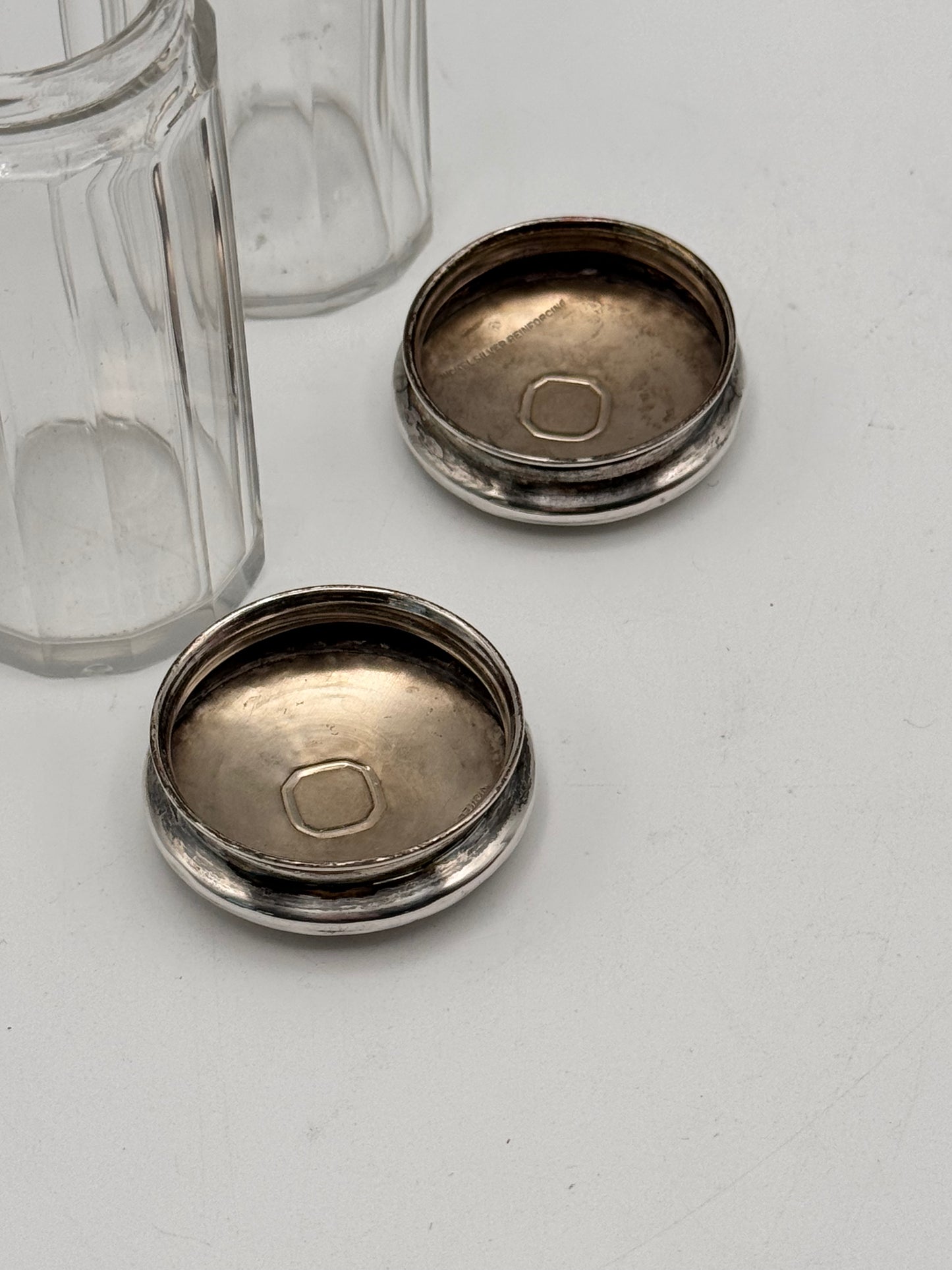 Arts & Crafts Style Tall Dresser Jars with Hammered Silver Plate Lids – Monogram R (Set of 2)