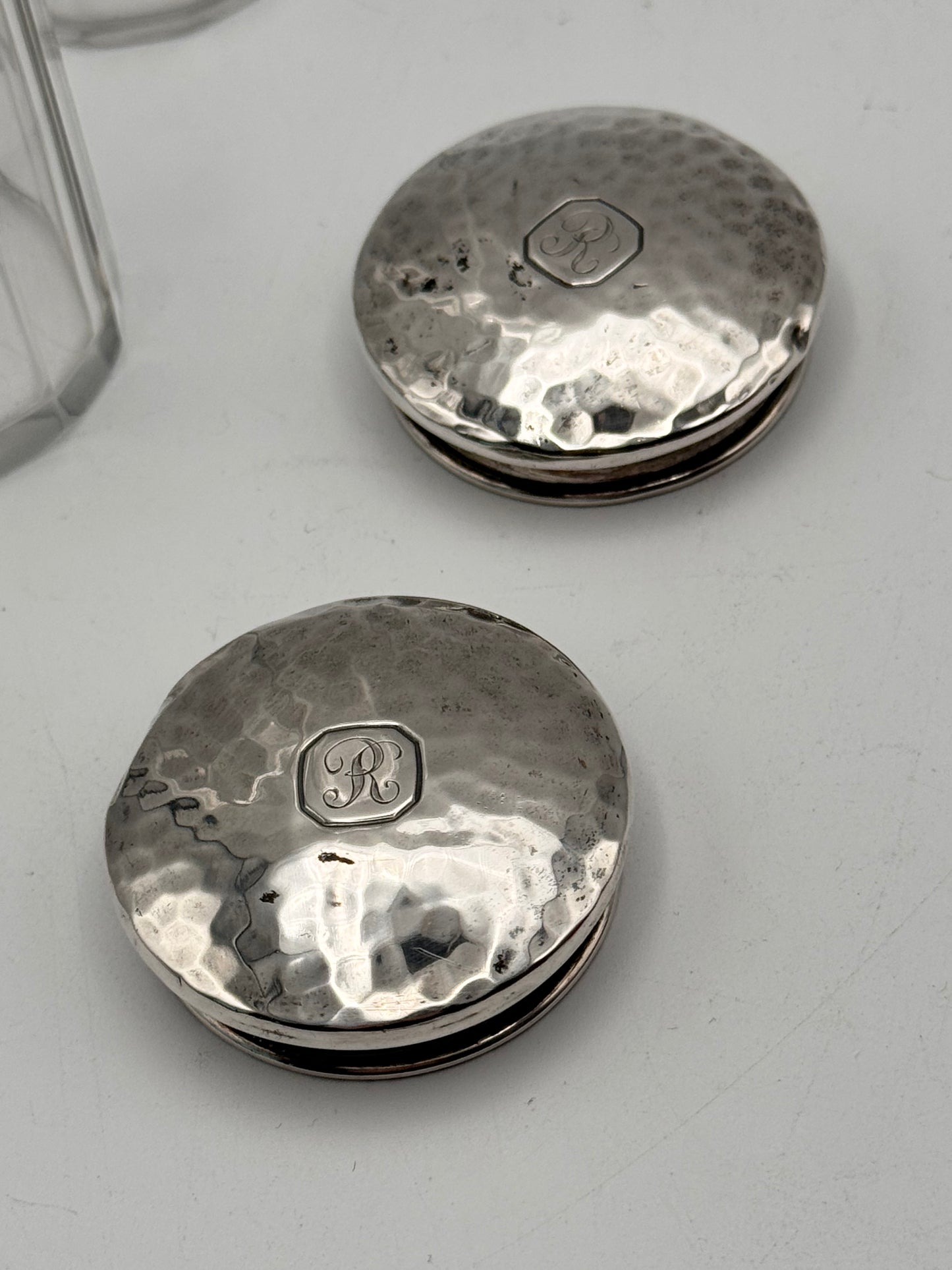 Arts & Crafts Style Tall Dresser Jars with Hammered Silver Plate Lids – Monogram R (Set of 2)