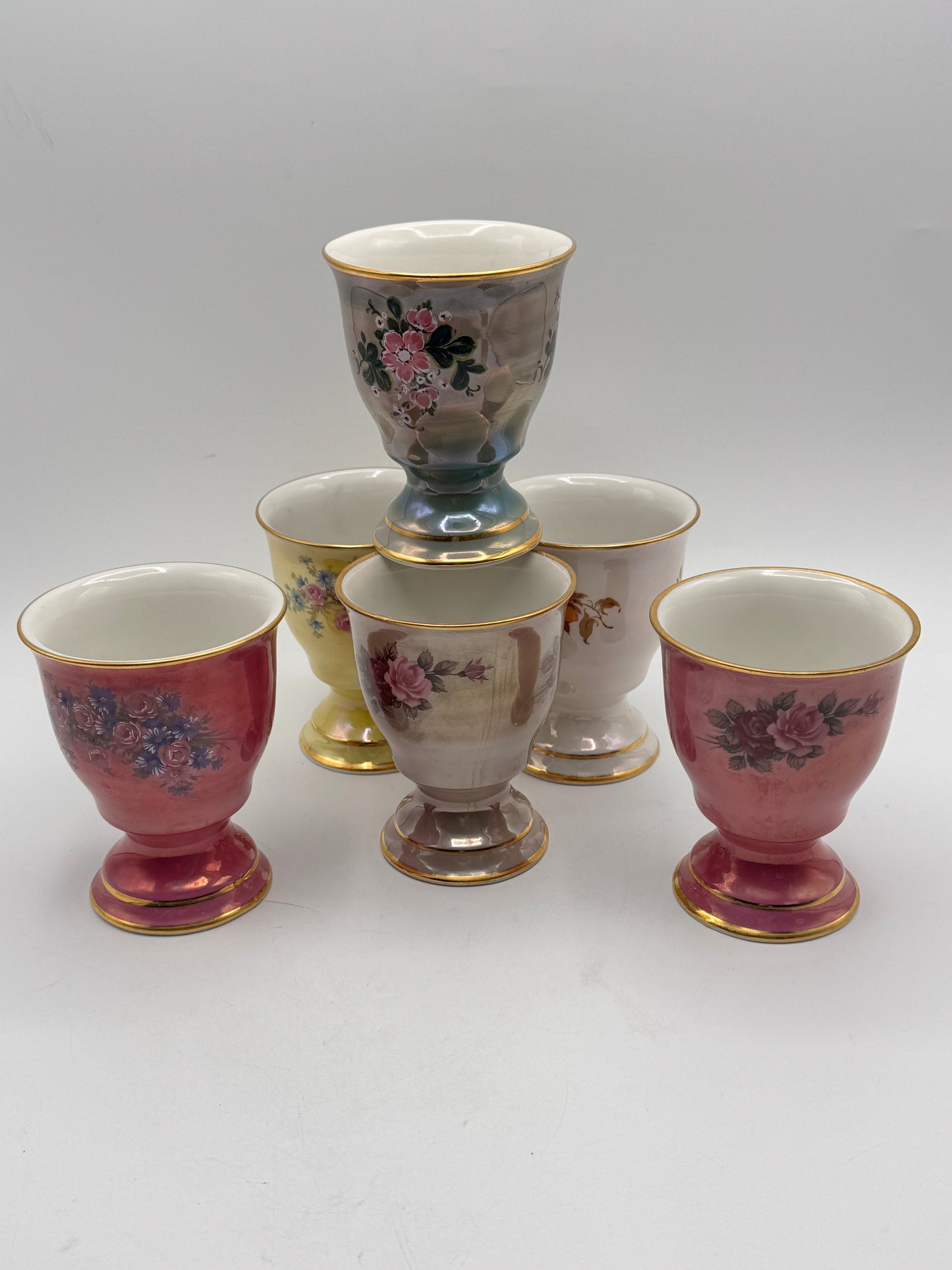 Set of Six Vintage Lusterware Floral Pedestal Cups SPRING Theme