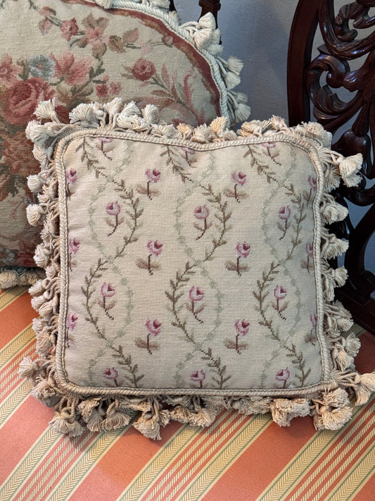 1 Vintage Petit Point Rose Pillow 13” x 13” Velvet Back Tassel Trim