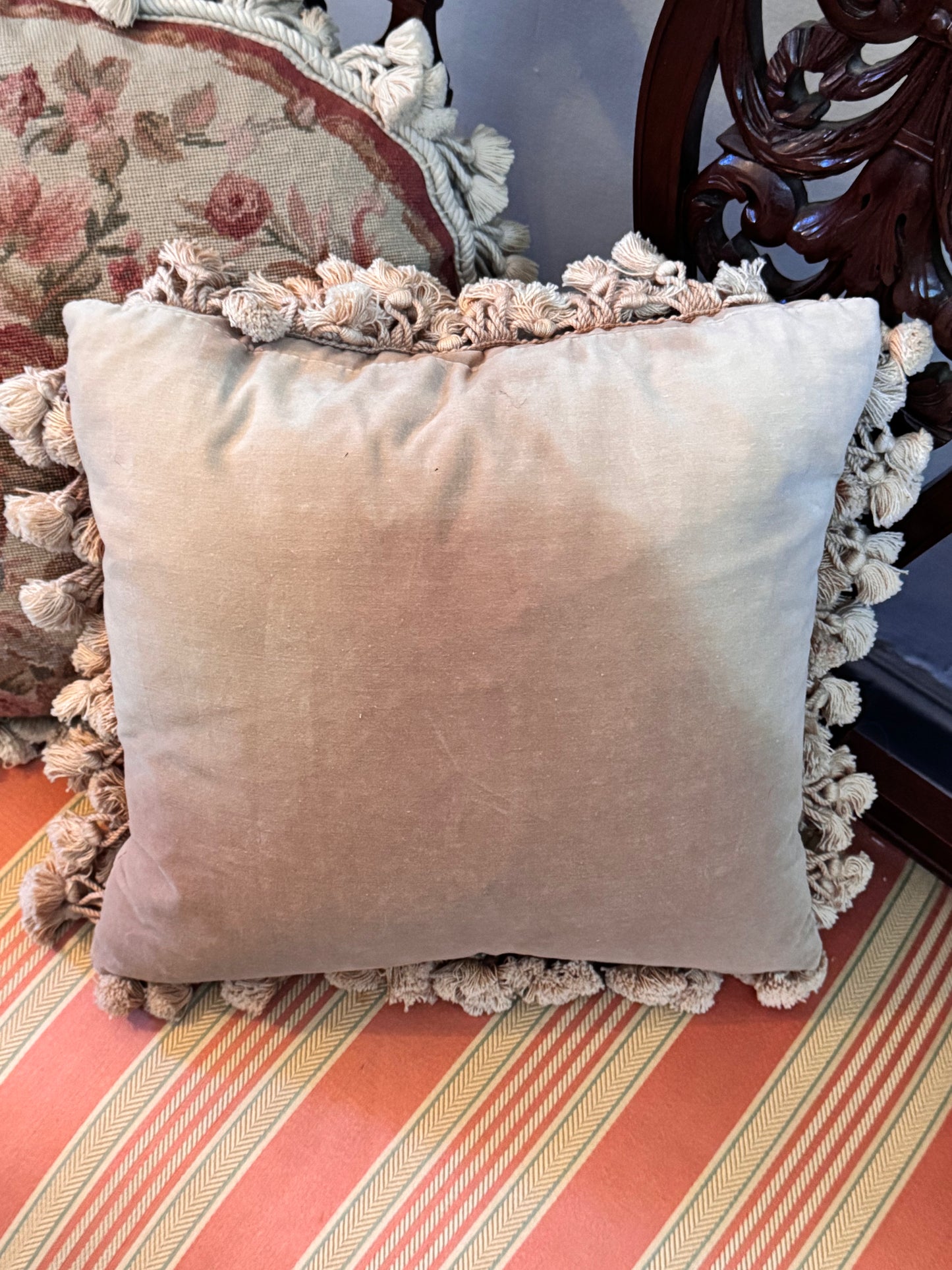 1 Vintage Petit Point Rose Pillow 13” x 13” Velvet Back Tassel Trim