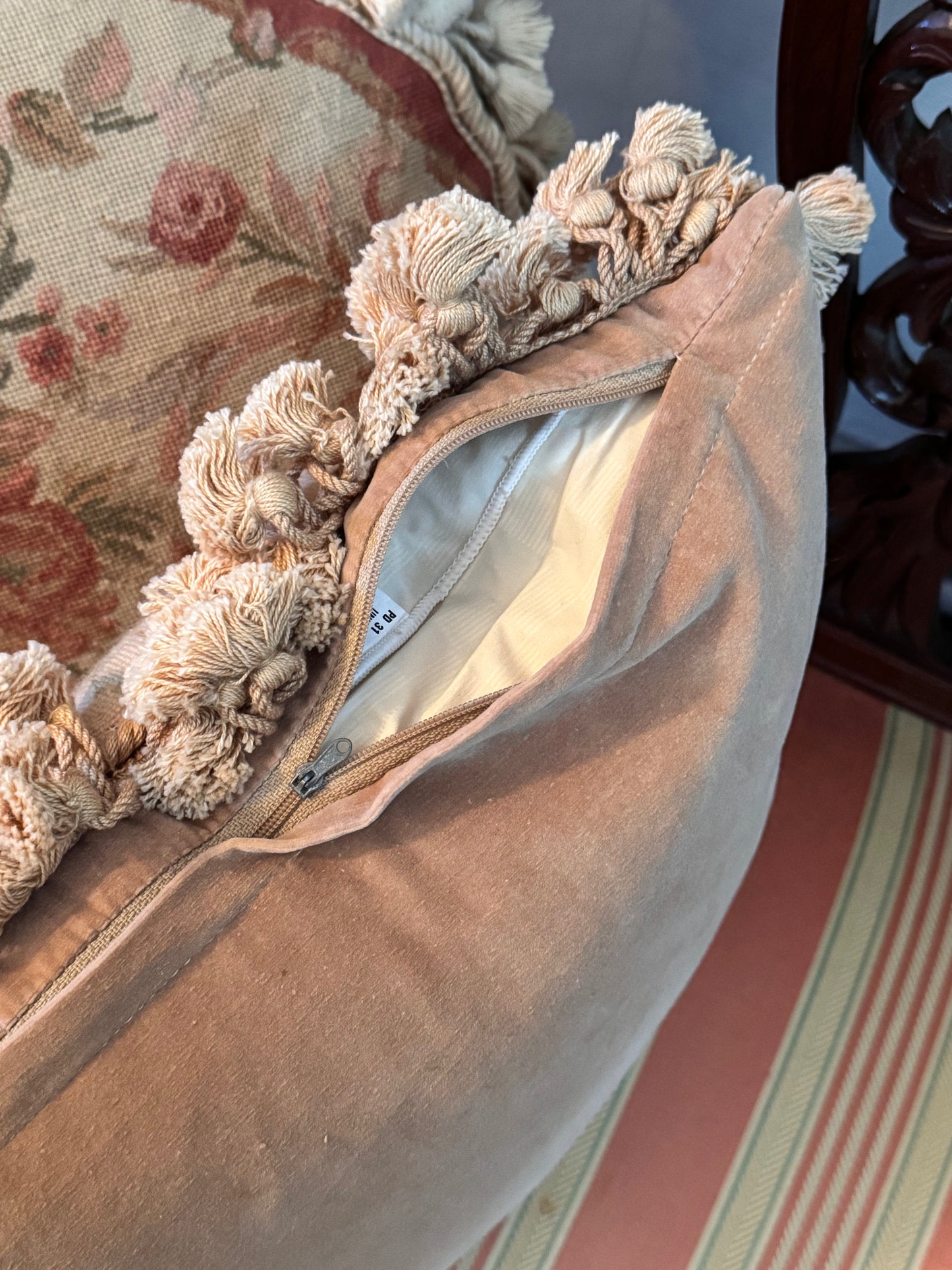 1 Vintage Petit Point Rose Pillow 13” x 13” Velvet Back Tassel Trim